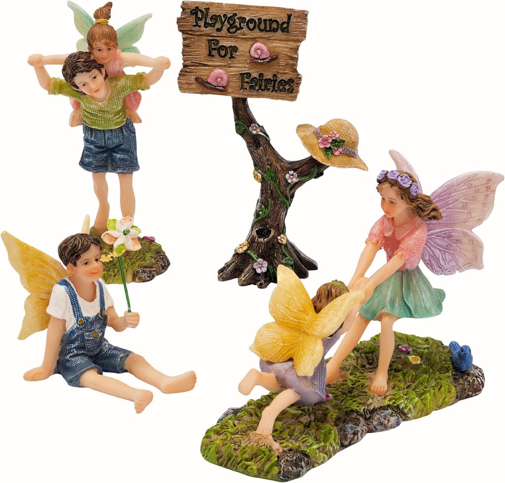 PRETMANNS Fairies for Fairy Garden - Accessories Kit for Indoor Outdoor Miniature Garden – Boy & Girl Figurines with a Cute Sign – 4-Piece Colorful Playground Set