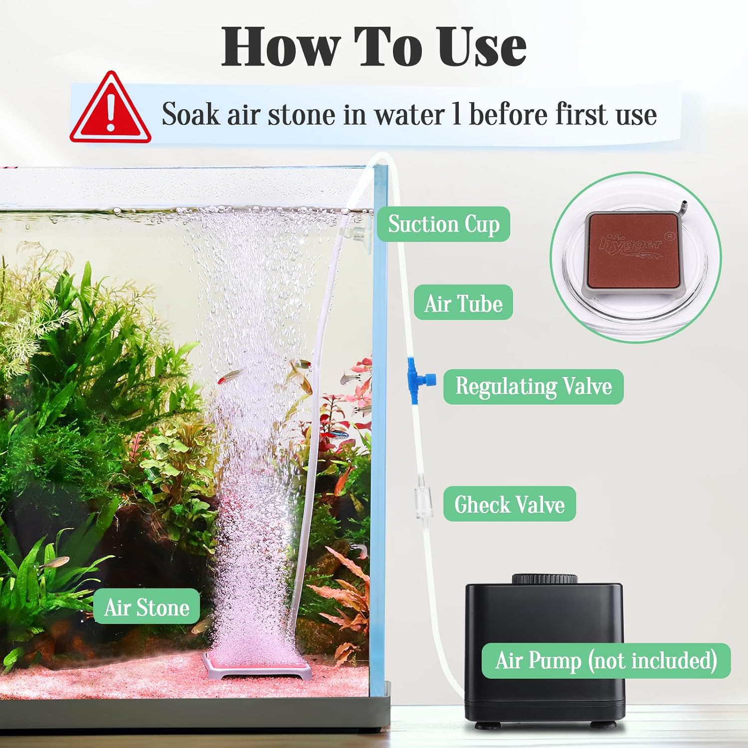 hygger Aquarium Air Stone, 2.44 Inch Nano Air Stone Make Super Tiny Bubble, Ultra Quiet Dissolved Oxygen Diffuser Small Airstone with Stainless Steel Base for Aquarium, Fish Tank & Hydroponic, Square