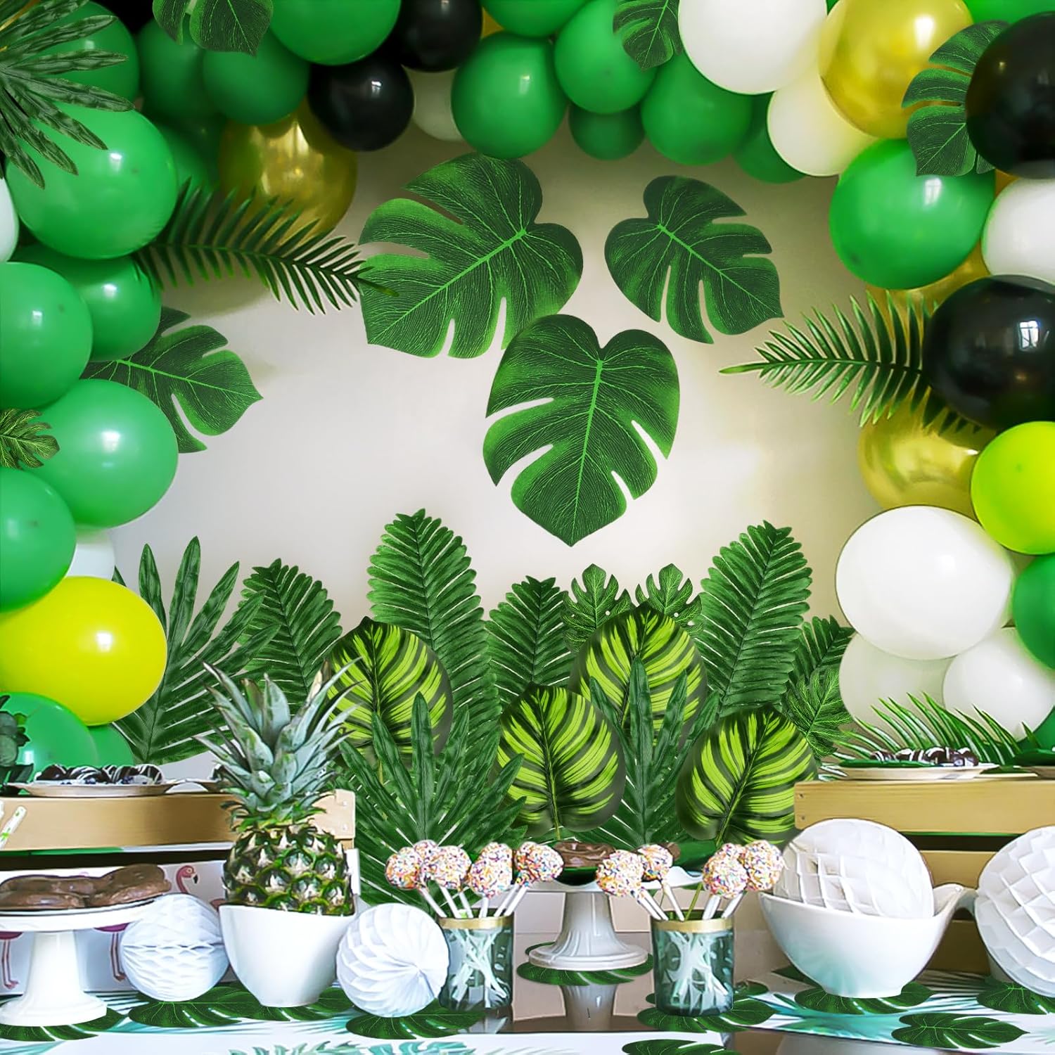 Tropical Party Decorations, 50 Pieces 7 Kinds Palm Leaves Artificial Tropical Monstera, Green Jungle Leaf with Stem for Jungle Hawaiian Luau Party Table Decoration Wedding Birthday