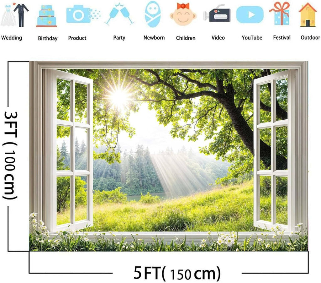 5 x 3 ft Spring Tree Backdrops for Photography Window Floral Backdrop Spring Flowers Floral Backdrop Garden Nature Scene Background Portrait Photo Props Bridal Shower Birthday Party Banner