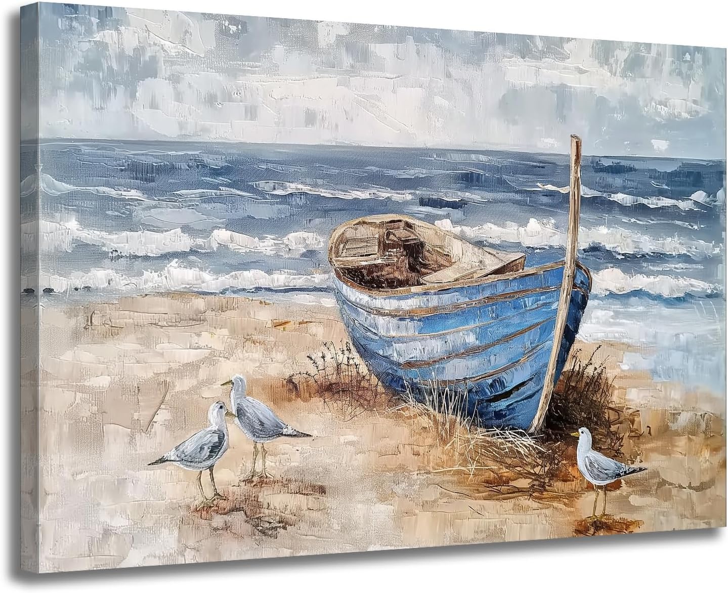 GLOKAKA Abstract Seascape Painting Coastal Wall Art Sail Boat Pictures Seagull Vintage Boat Artwork Seashore Farmhouse Print Picture for Bathroom Living Room Home Office Decor
