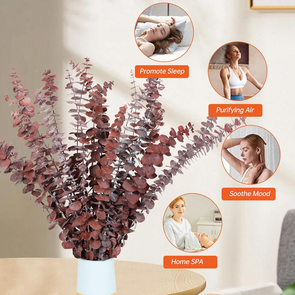20 Pcs Dried Eucalyptus Stems, 17'' Natural Real Live Red Eucalyptus Leaves Branches Hanging Shower, Preserved Dried Plants for SPA Home Fragrance Bathroom Table Vase Decor