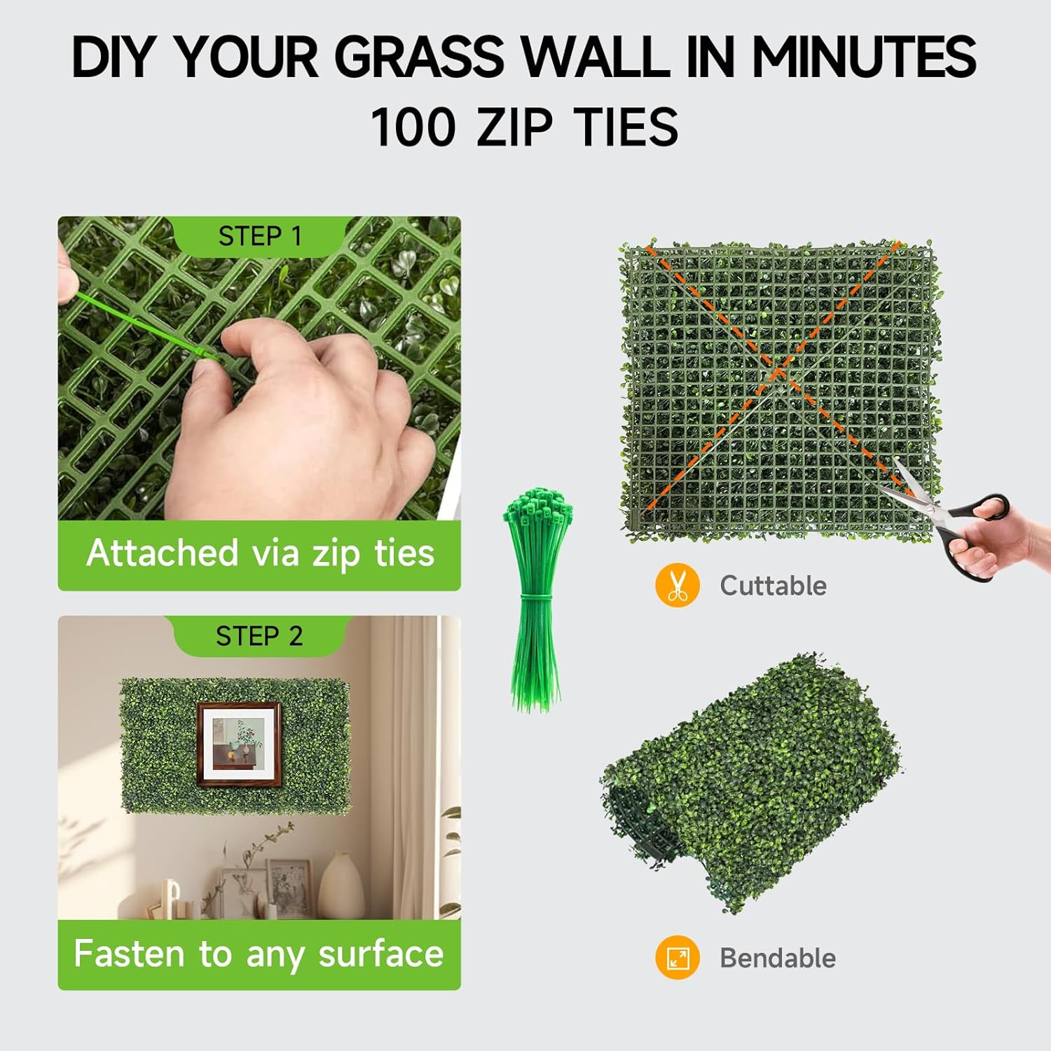 Artificial Grass Wall Panels, 24 PCS 20x20 inch Boxwood Hedge Wall Panels with 100 Zip Ties, Boxwood Backdrop for Outdoor Indoor Decorative Fences Privacy Hedge