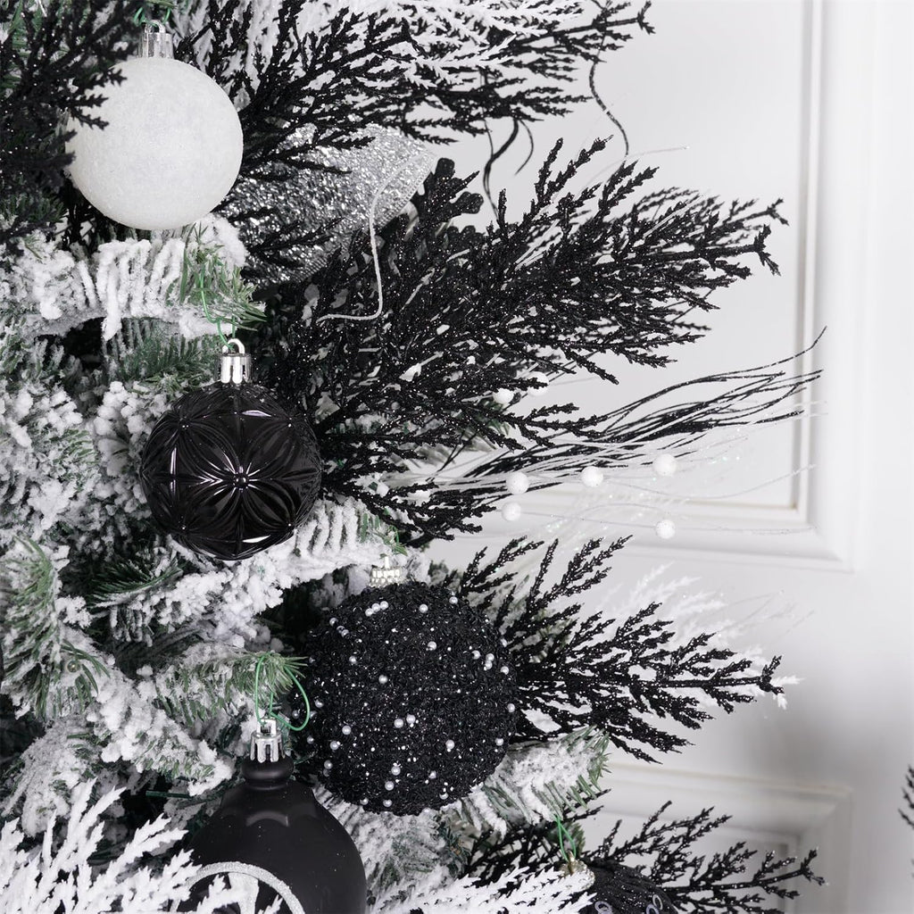 Christmas Glitter Stems 24pcs Artificial Pine Tree Picks for Christmas Tree Ornaments fillers, DIY Xmas Wreath, Crafts, Garland, Holiday, Party, Wedding and Home Decoration (Black)
