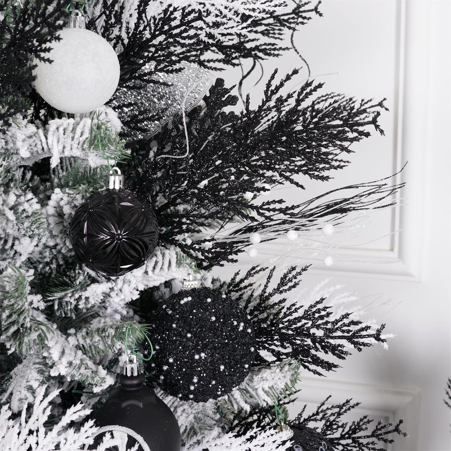 Christmas Glitter Stems 24pcs Artificial Pine Tree Picks for Christmas Tree Ornaments fillers, DIY Xmas Wreath, Crafts, Garland, Holiday, Party, Wedding and Home Decoration (Black)