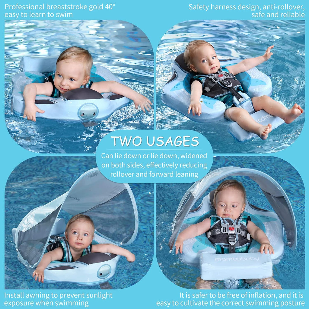Mambobaby Baby Pool Float with Removable Sun Canopy - Non Inflatable Infant Swim Float with Anti-Flip Tail Design, Waterproof & Skin-Friendly Baby Float for Swimming (3-24 Months)