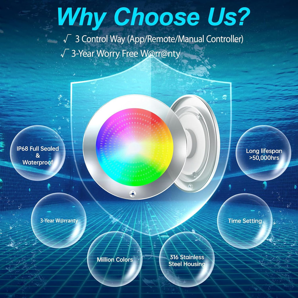Pool Lights for Inground Pool, 120Ft 10Inch 60W LED Inground Pool Light with 3 Way to Control (App/Remote/Controller), Color Changing Underwater Swimming PoolLight for 10" Large Wet Niches