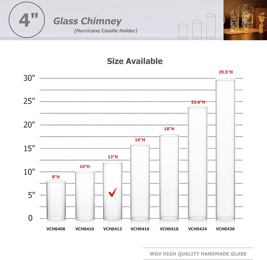 WGVI Hurricane Candle Holder Sleeve, Wide 4", Height 12", Clear Glass Cylinder Candleholder, Chimney Tube, Open Ended Candle Shade, 1 Piece