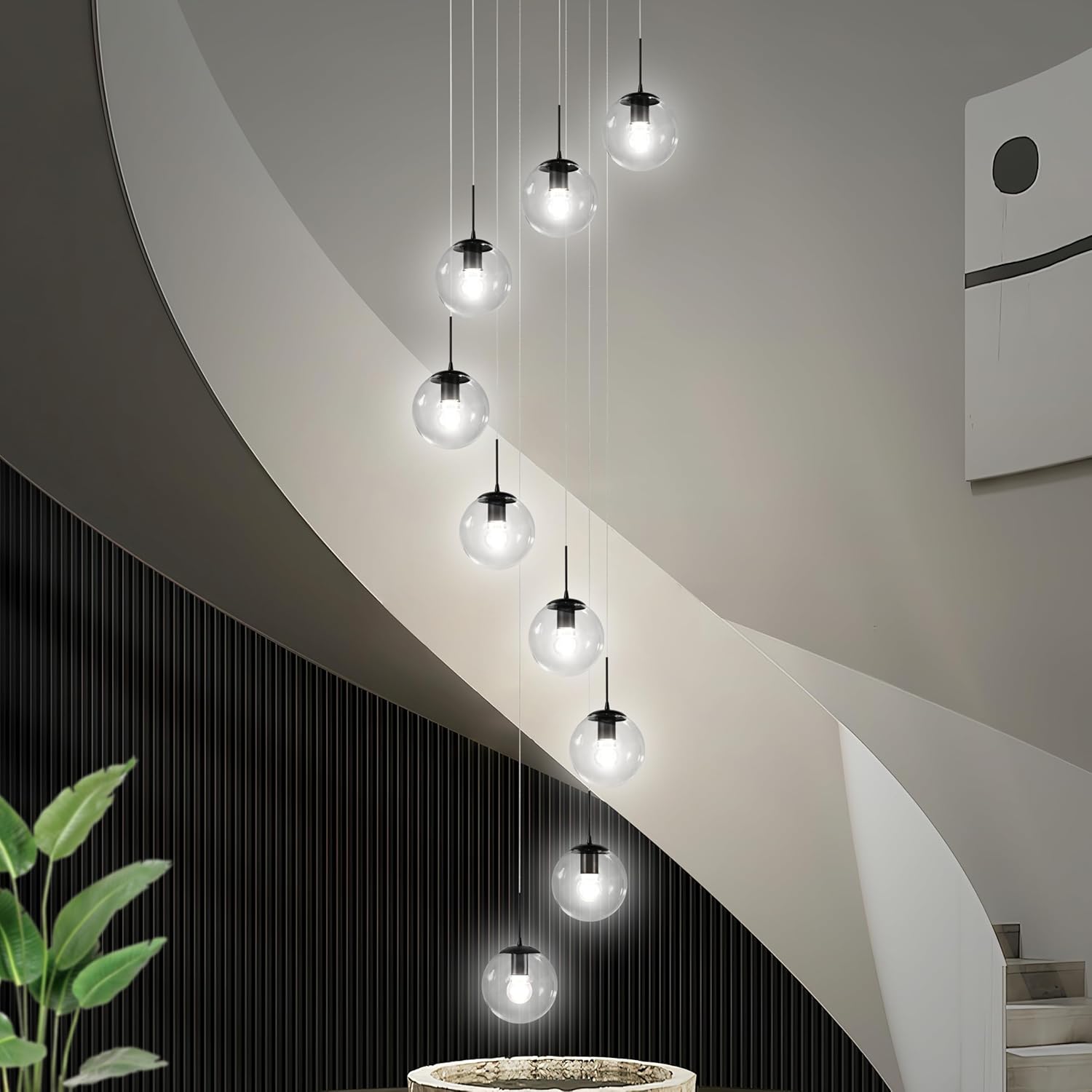 KoKo&Yukina 9-Light Globe Glass Pendant Light Adjustable Length Pendant Lights Fixtures Modern Black Clear Globe Glass Chandelier High Ceiling Lights Fixtures for Foyer Staircase (Bulb & Remote Incl)