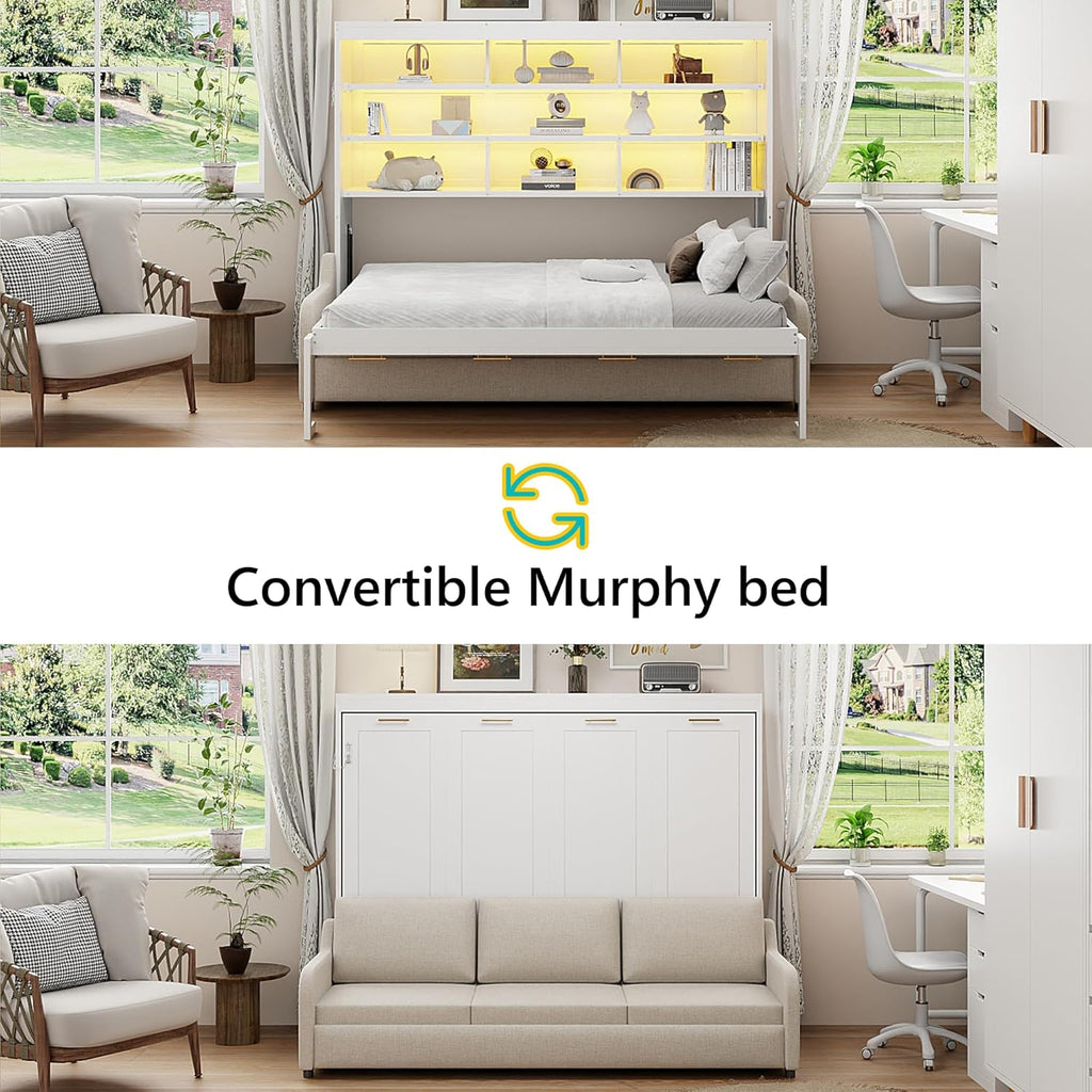 Queen Horizontal Murphy Bed with Sofa and Storage Shelves,LED Light,Solid Wood Space Saving Hideaway Murphy Wall Bed with Couch and Storage for Adults (Beige,Queen)