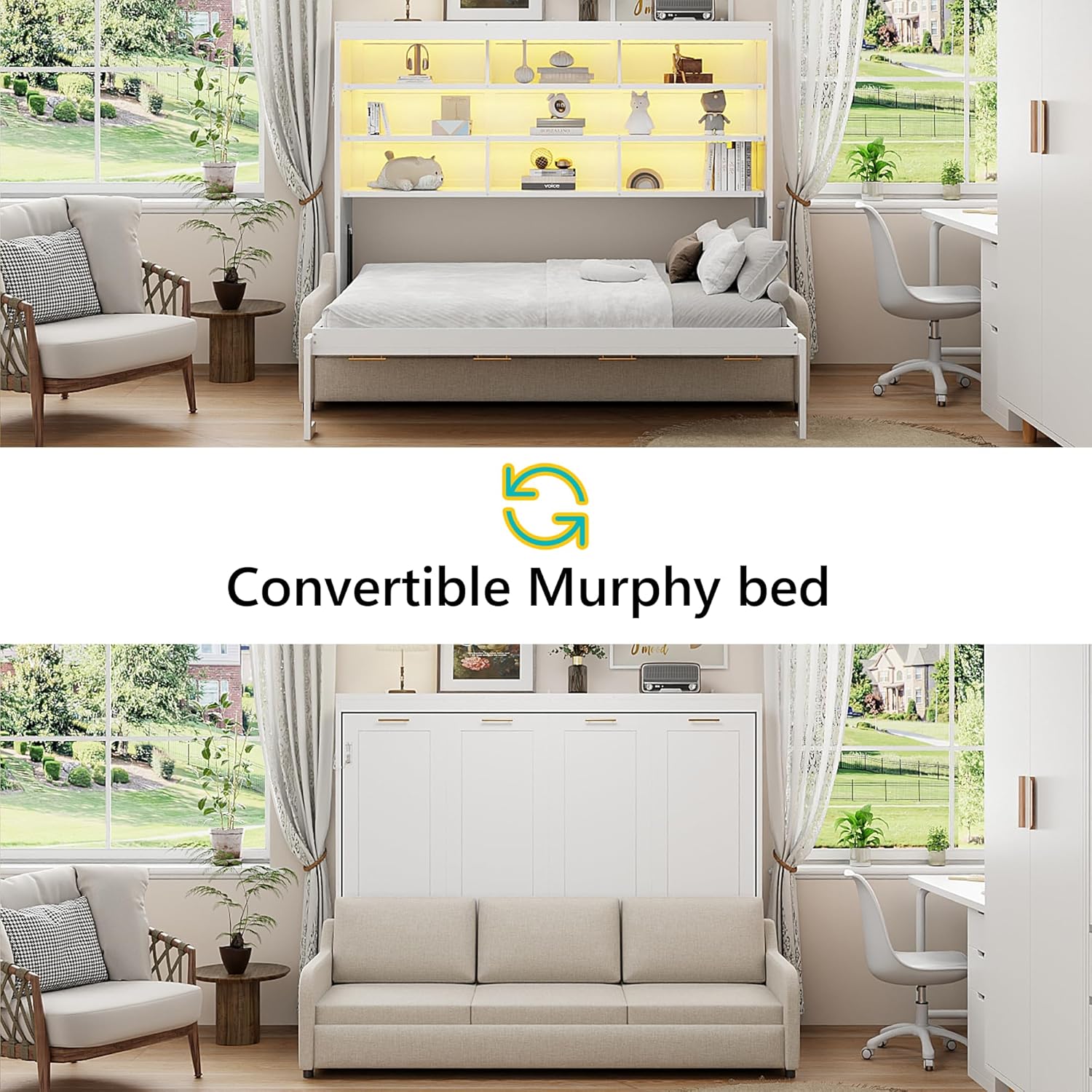 Queen Horizontal Murphy Bed with Sofa and Storage Shelves,LED Light,Solid Wood Space Saving Hideaway Murphy Wall Bed with Couch and Storage for Adults (Beige,Queen)