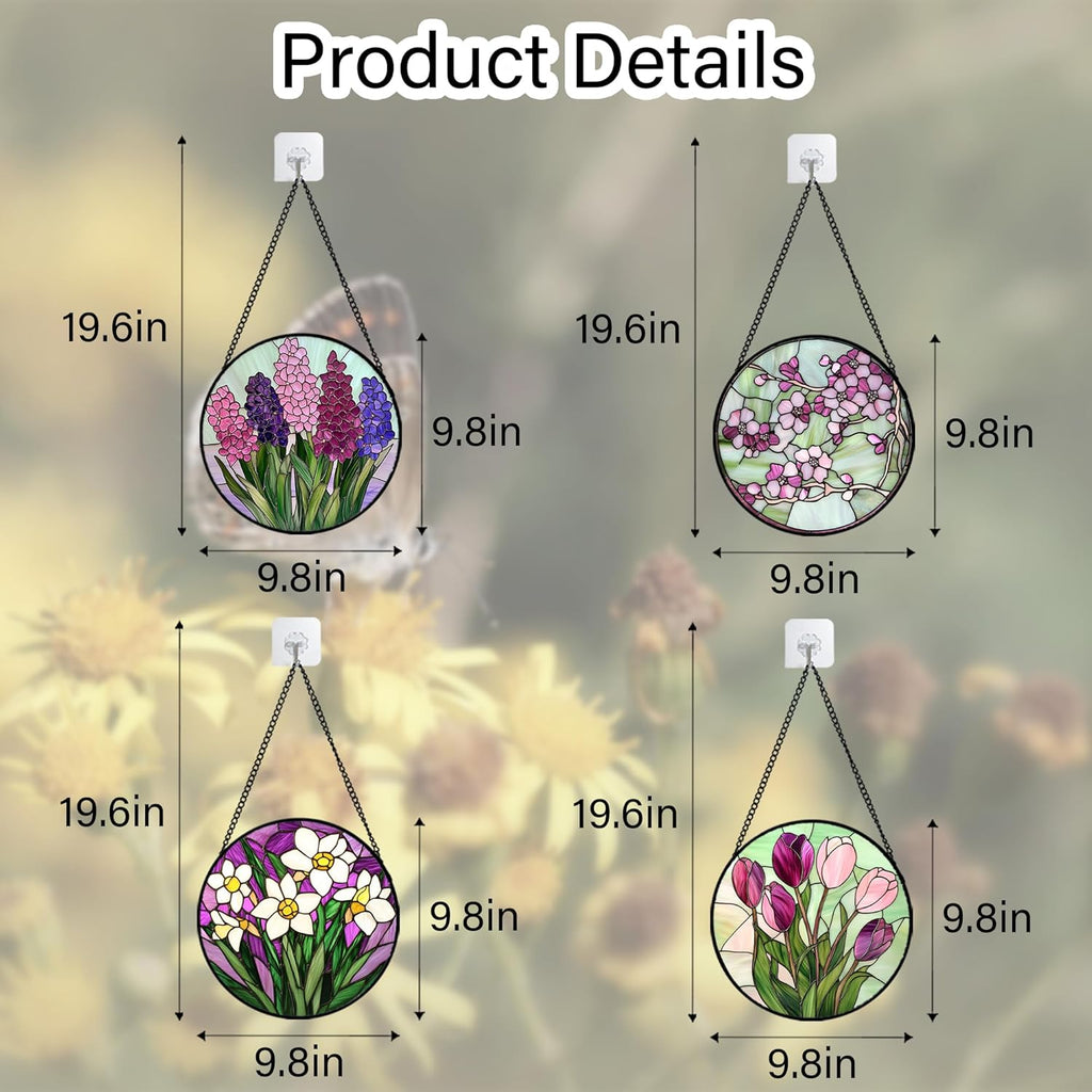 Stained Glass Window Hanging 4 Pcs Set Tulips Plum Flower Daffodils Hyacinths 9.8" - Suncatcher Door Garden Sun Catcher Decor Birthday Mother's Day for Mom Woman Nana