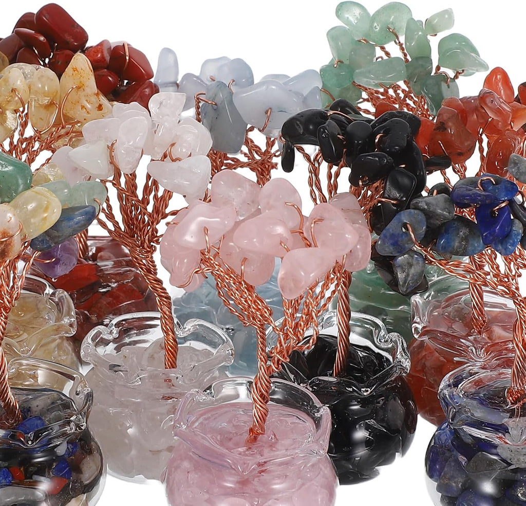 LUOZZY 12 Pcs Mini Crystal Money Tree Feng Shui Bonsai Lucky Fortune Centerpiece for Home Office Desk Decorations