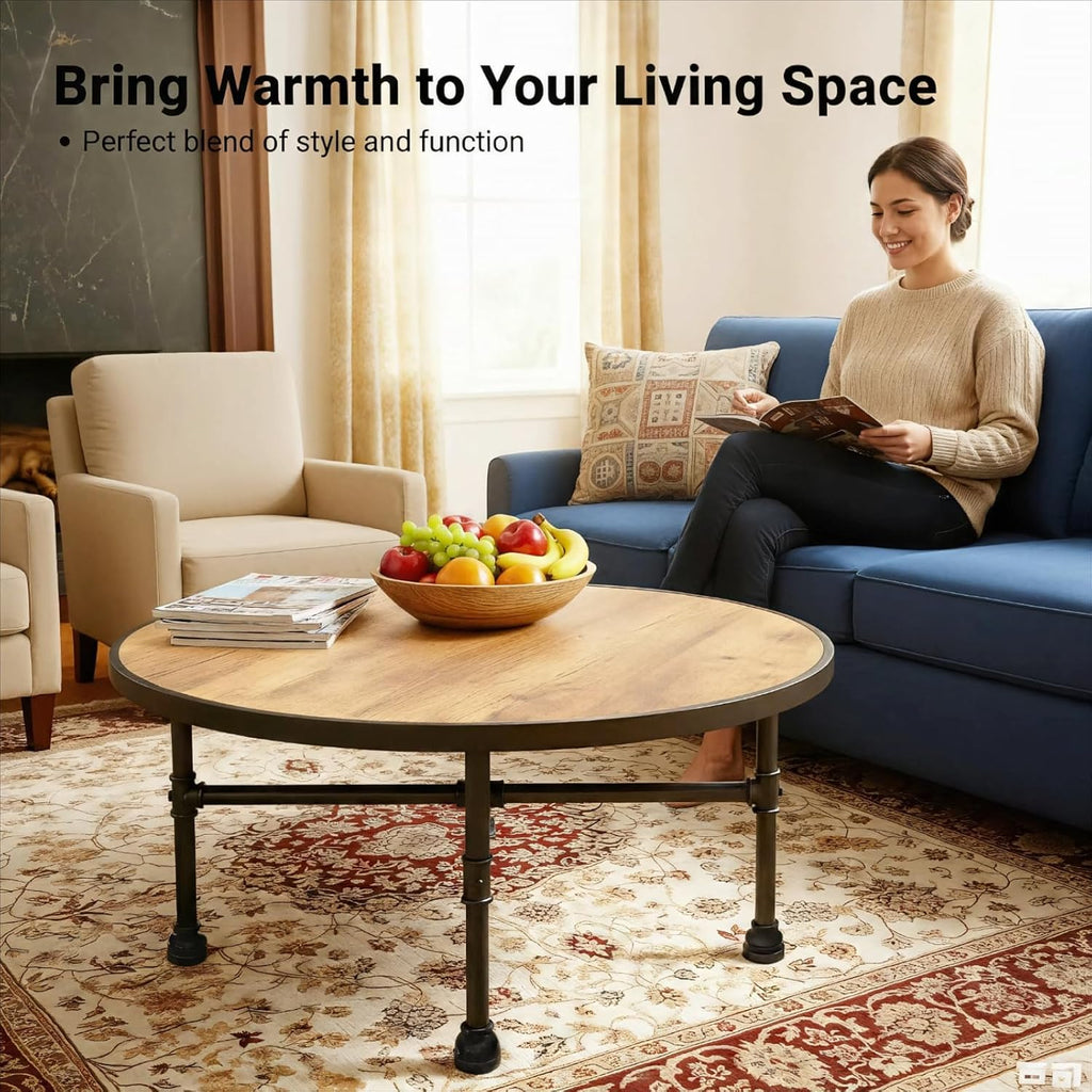 Industrial Round Coffee Table, Circle Wood Pottery Barn Coffee Table with Heavy Duty Metal Pipes Legs, Accent Cocktail Table Center Table with Open Shelf Storage for Living Room Home