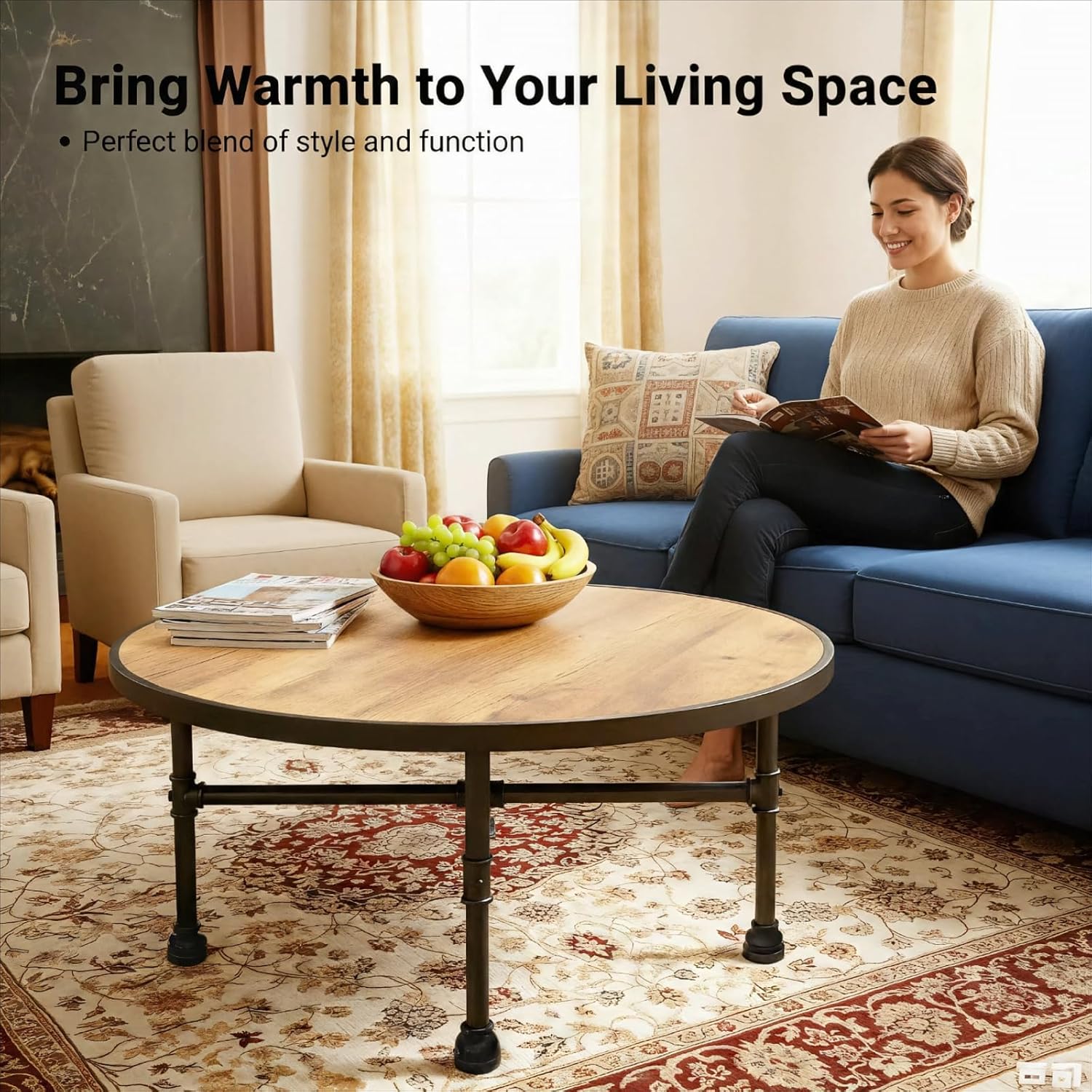 Industrial Round Coffee Table, Circle Wood Pottery Barn Coffee Table with Heavy Duty Metal Pipes Legs, Accent Cocktail Table Center Table with Open Shelf Storage for Living Room Home