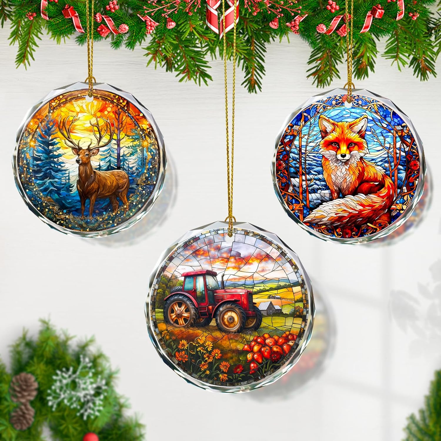 Stained Glass Tractor Ornament - Christmas Tree Decoration, Gift Idea for Holidays