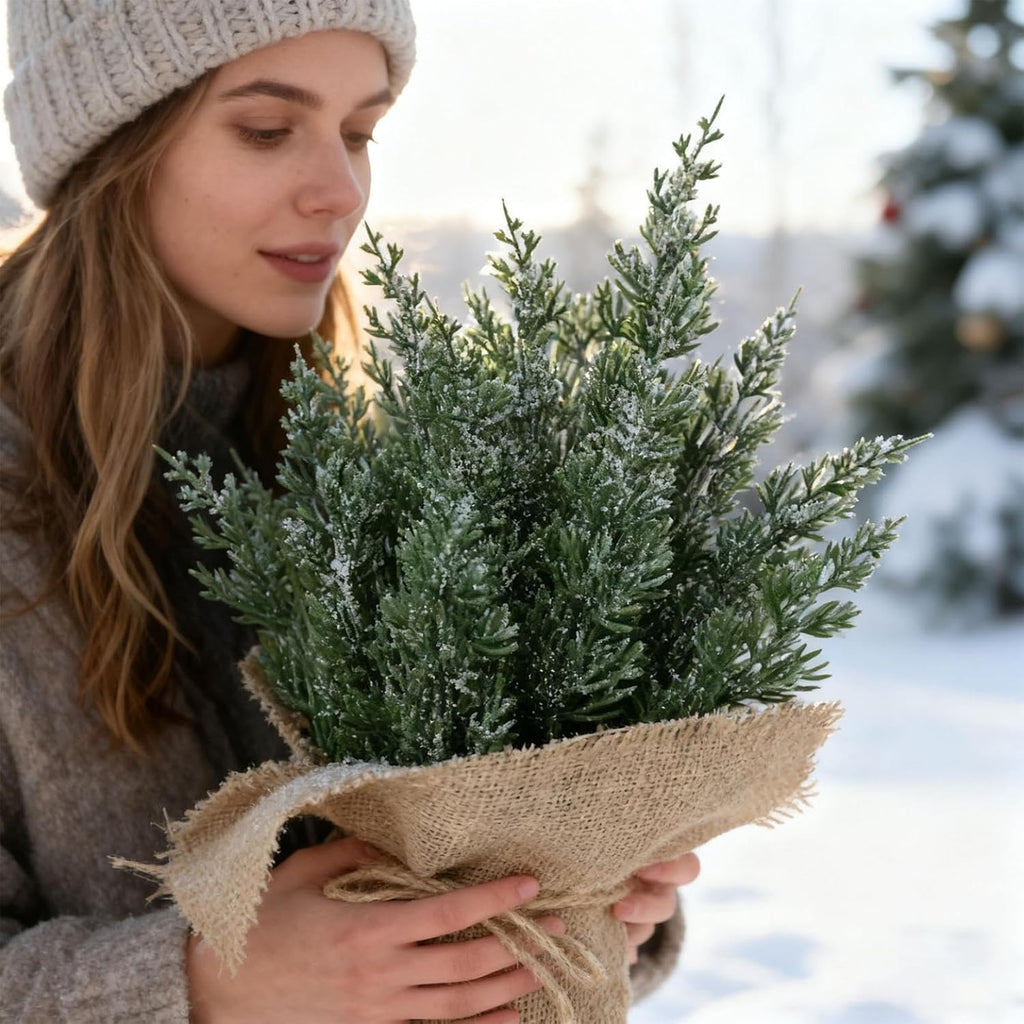 Mini Christmas Tree, Tabletop Christmas Tree 14In Artificial Snowy Pine Branches with Decorative Burlap Base Small Holiday Tabletop Centerpiece for Home Office Xmas Decor