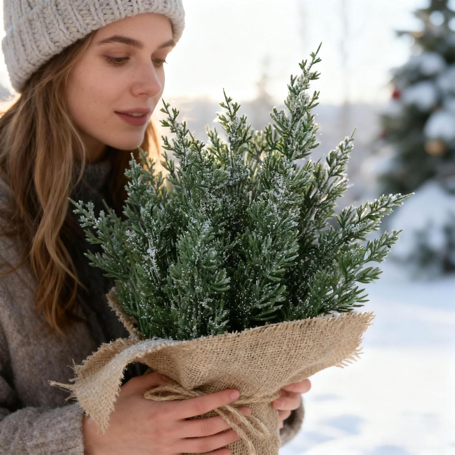 Mini Christmas Tree, Tabletop Christmas Tree 14In Artificial Snowy Pine Branches with Decorative Burlap Base Small Holiday Tabletop Centerpiece for Home Office Xmas Decor