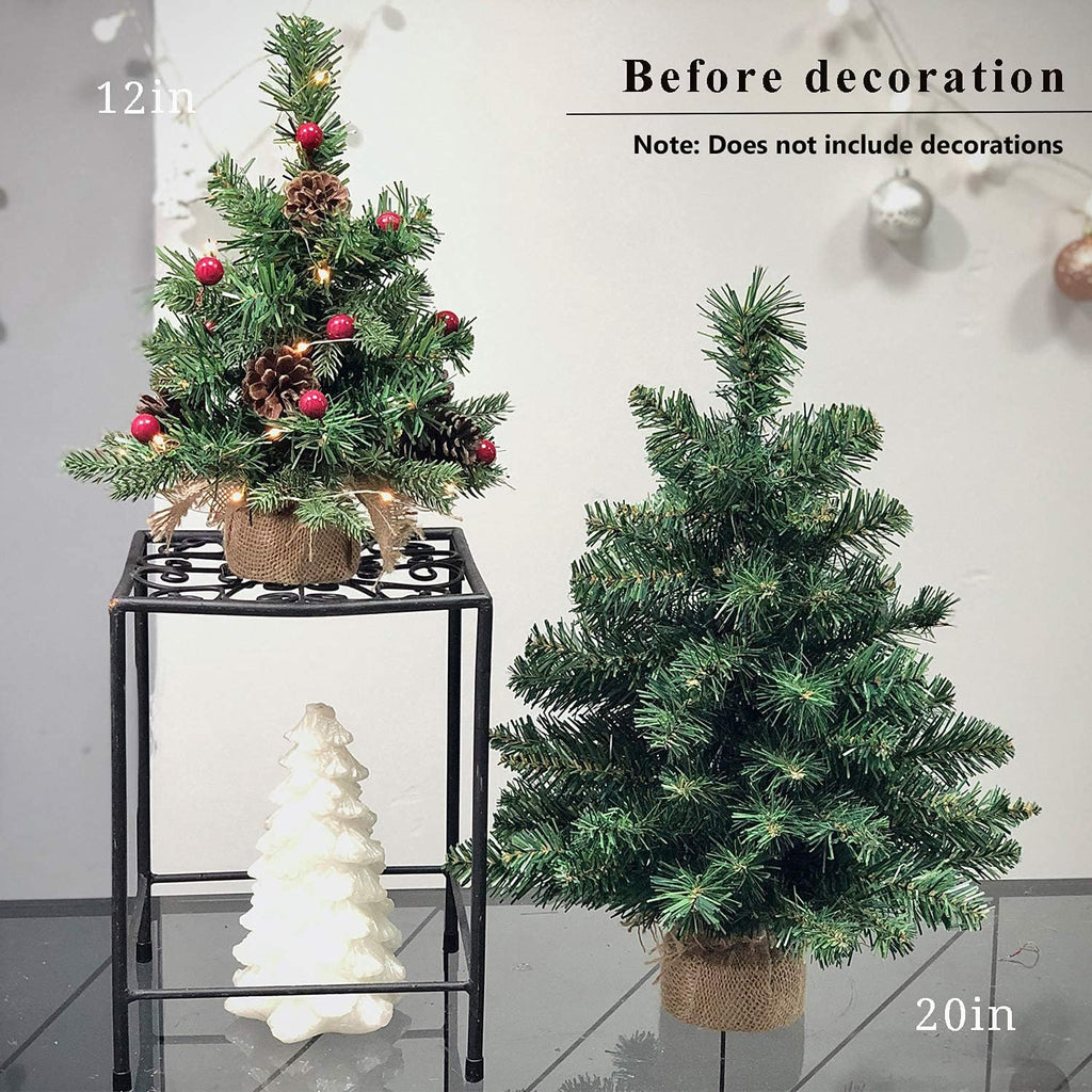 Pre-Lit Artificial Mini Christmas Tree,20 inch Small Pine Xmas Tree with 40 LED Lights,70 Branch Tips,Battery Operated Tabletop Christmas Tree Burlap Base-(50cm)