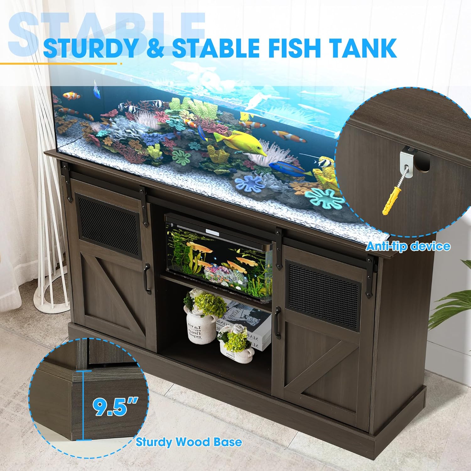 55-75 Gallon Aquarium Stand with Power Outlet, Metal Frame Fish Tank Stand with Cabinet Storage and Barn Door, Heavy Duty Reptile Tank Stand, 52" L x 19.7" W Tabletop, 1300LBS Capacity (Brown)