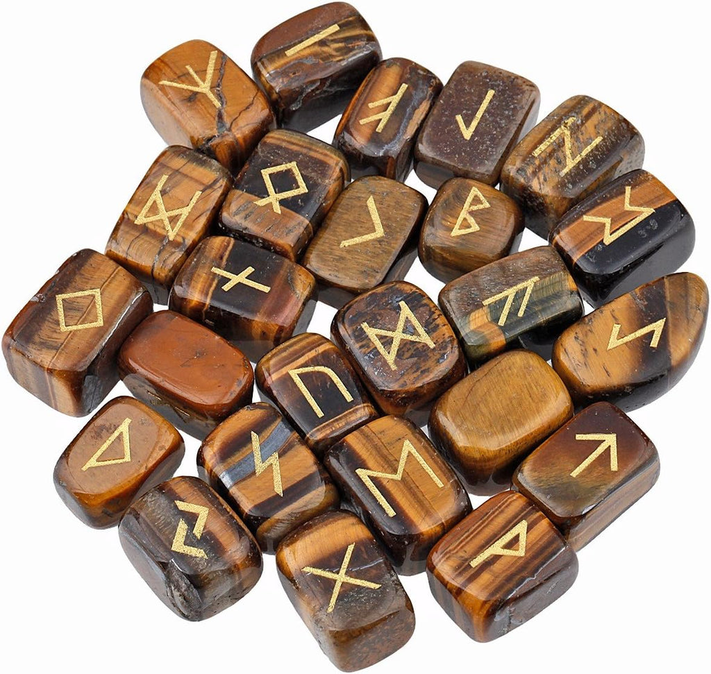 rockcloud Tiger's Eye Rune Stones Tumbled Engraved Lettering Crystal Set for Wicca Crystals Healing Chakra Reiki