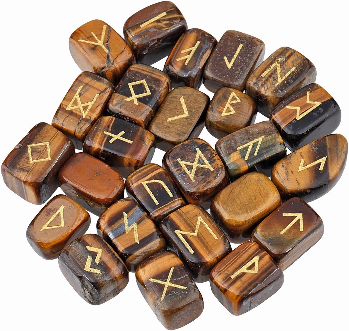 rockcloud Tiger's Eye Rune Stones Tumbled Engraved Lettering Crystal Set for Wicca Crystals Healing Chakra Reiki