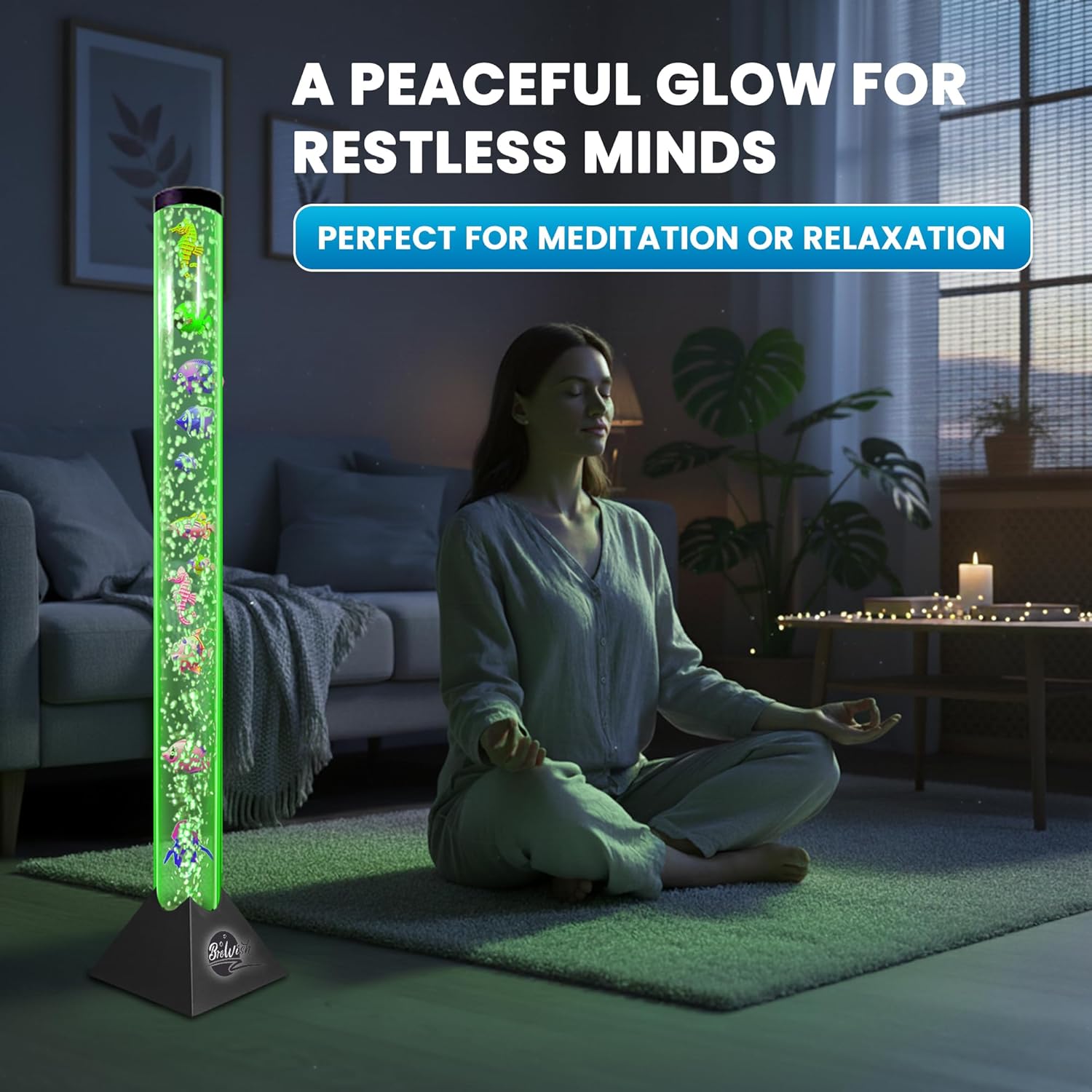 Brewish 4FT Bubble Tube Lamp with Replaceable Pump | 16 LED Color Changing Fake Aquarium Night Light with Remote & 12 Fish, No-Glue Design, Home Decor, Ideal Gifts, Sensory Lights for Autism & ADHD
