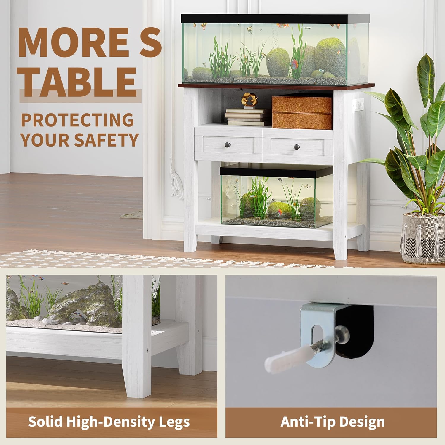 Garvee 20-29 Gallon Aquarium Stand with Charging Station, 660LBS Heavy Duty Fish Tank Stand with Drawers & Open Storage for Reptile Turtle Tank