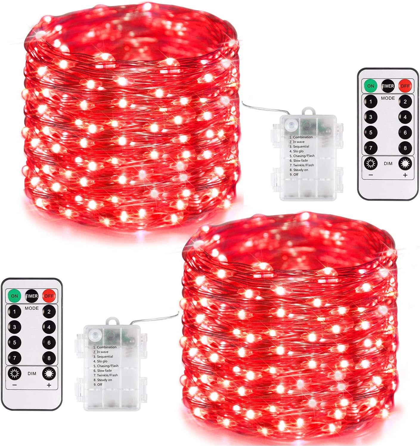 JMEXSUSS 2 Pack Red Fairy Lights Battery Operated, Total 400 LED 132ft Christmas Lights with Remote, 8 Modes Twinkle String Lights for Bedroom Wreath Tree Valentine Halloween Xmas Decorations
