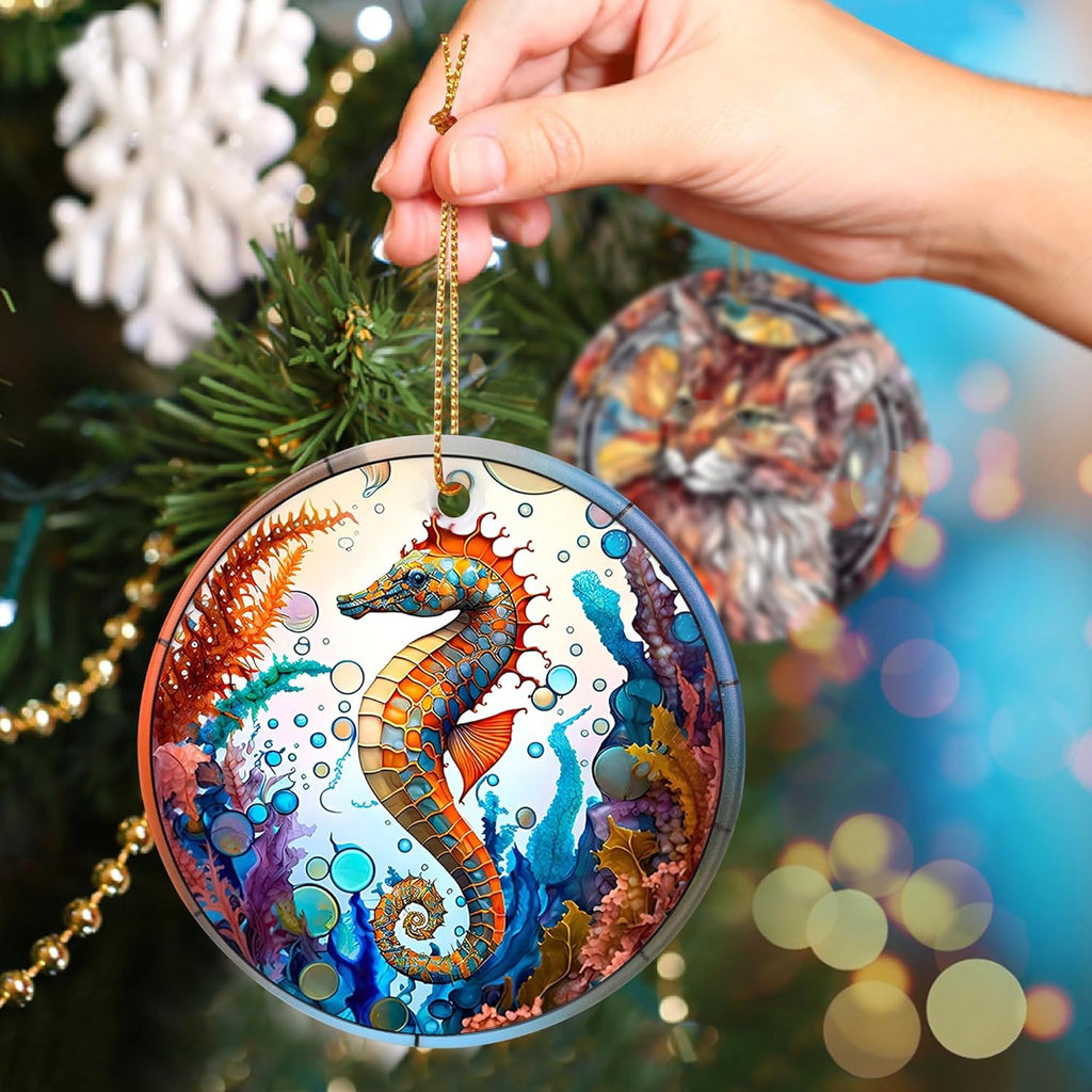 Touber Christmas Ornament, Christmas Decoration, Holiday Present Idea, Heirloom Keepsake, Round Ceramic, Gift Exchange, Gift Idea, Sea Horse