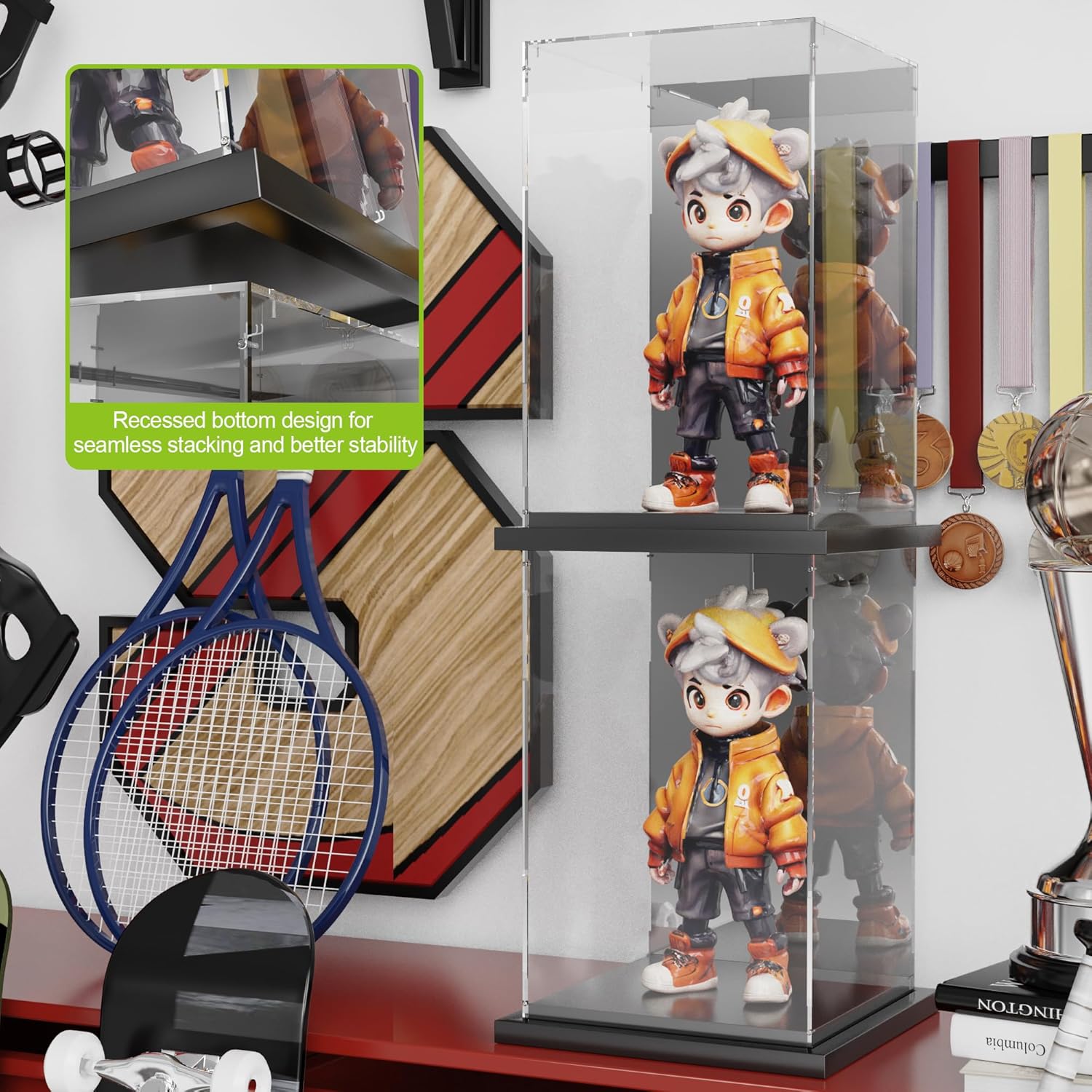 Putros Acrylic Display Case for Collectibles Clear Display Box with Mirror and Black Metal Grooved Base for Toys Figures Doll Collectibles