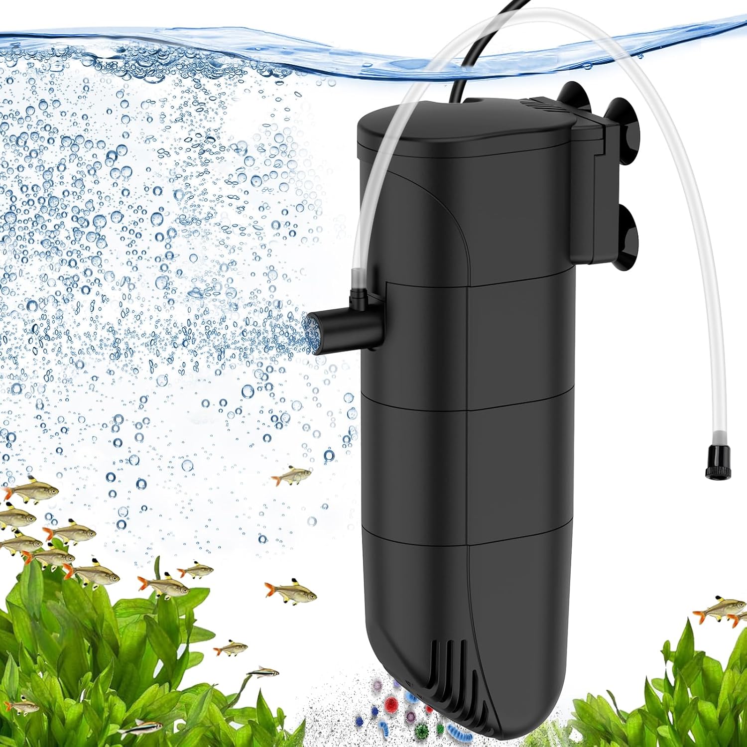 Submersible Aquarium Filter, 106GPH 4-Stage Fish Tank Filter Adjustable Air Flow Powerful Internal Filter for 10-30 Gallon Tank with Filtration Oxygenation Circulation (6W)