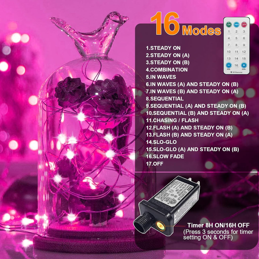 LAMPHOME Fairy Lights Plug in, 33Ft 100 LEDs Waterproof Twinkle Firefly Lights, Adaptor Included, Starry String Lights for Wedding Indoor Outdoor Christmas Patio Garden Decoration, Pink