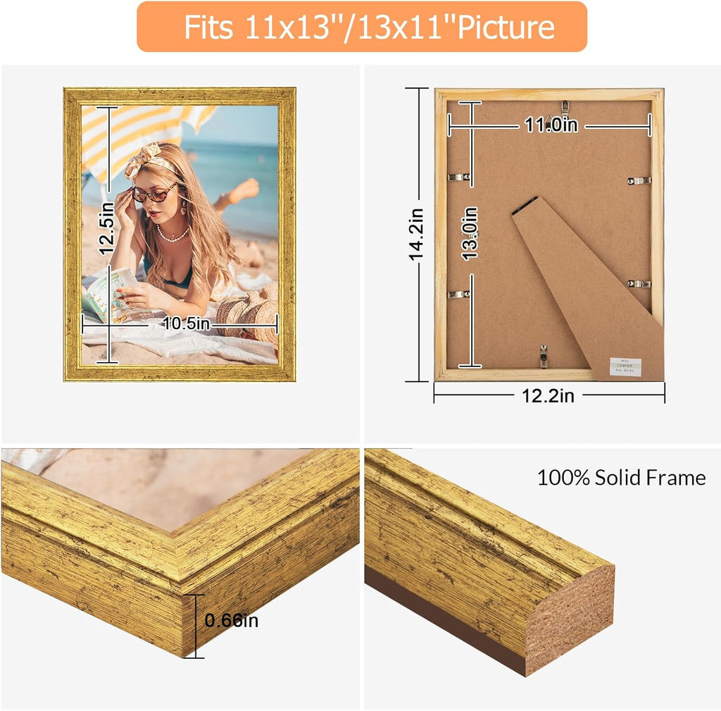 Wood 11x13 Frame Gold, Ornate Natural Wooden 13x11in Picture Frames, Modern Golden 11 x 13inch Gallery Photo Pic Frame with HD Plexiglass, Horizontal Vertical Wall Mounting Tabletop Display 1Pcs