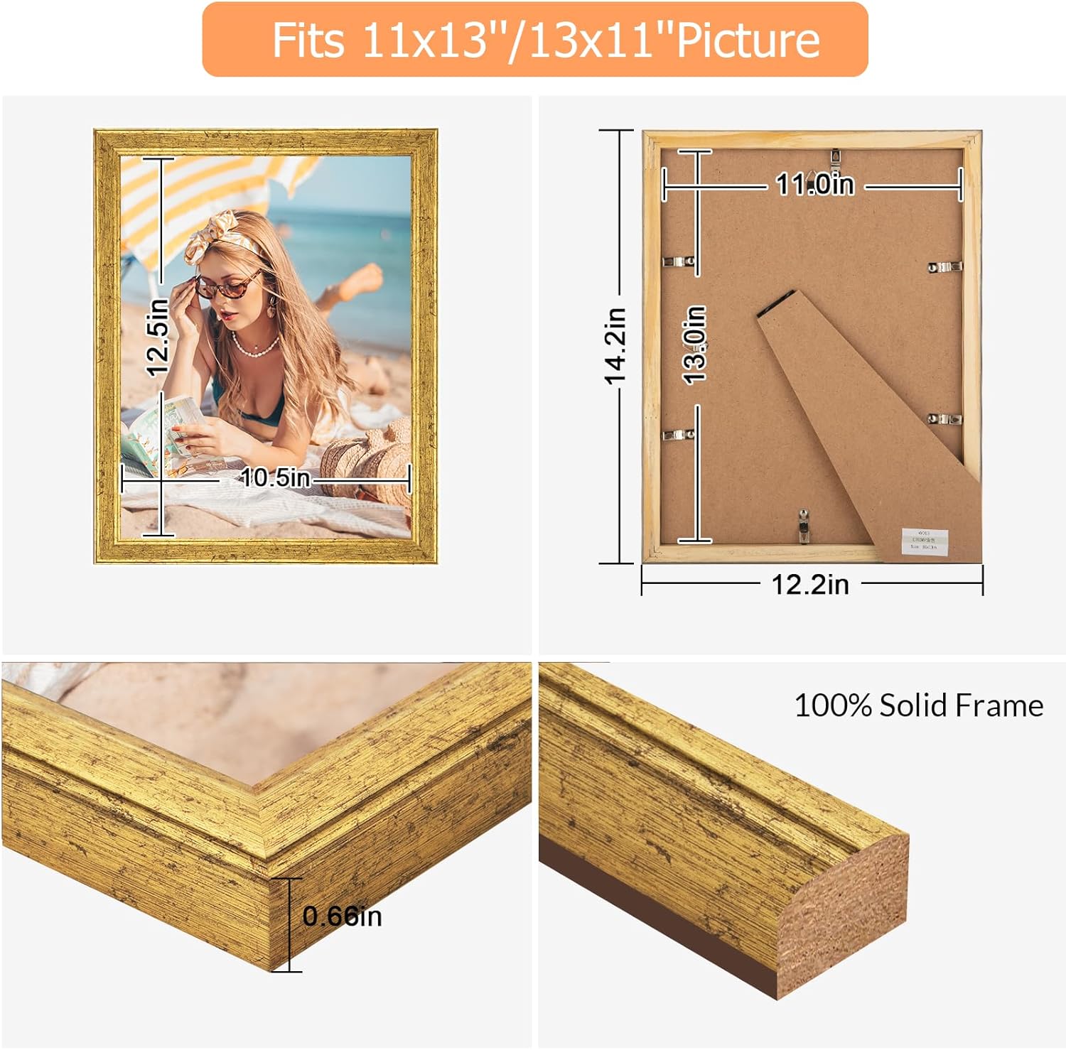 Wood 11x13 Frame Gold, Ornate Natural Wooden 13x11in Picture Frames, Modern Golden 11 x 13inch Gallery Photo Pic Frame with HD Plexiglass, Horizontal Vertical Wall Mounting Tabletop Display 1Pcs