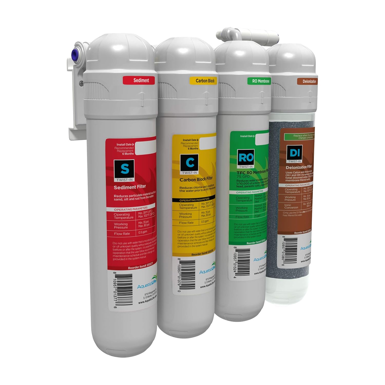 Aquatic Life Twist-in 4-Stage Reverse Osmosis Water Filter System RO/DI Filtration Units for Aquarium, 75 GPD