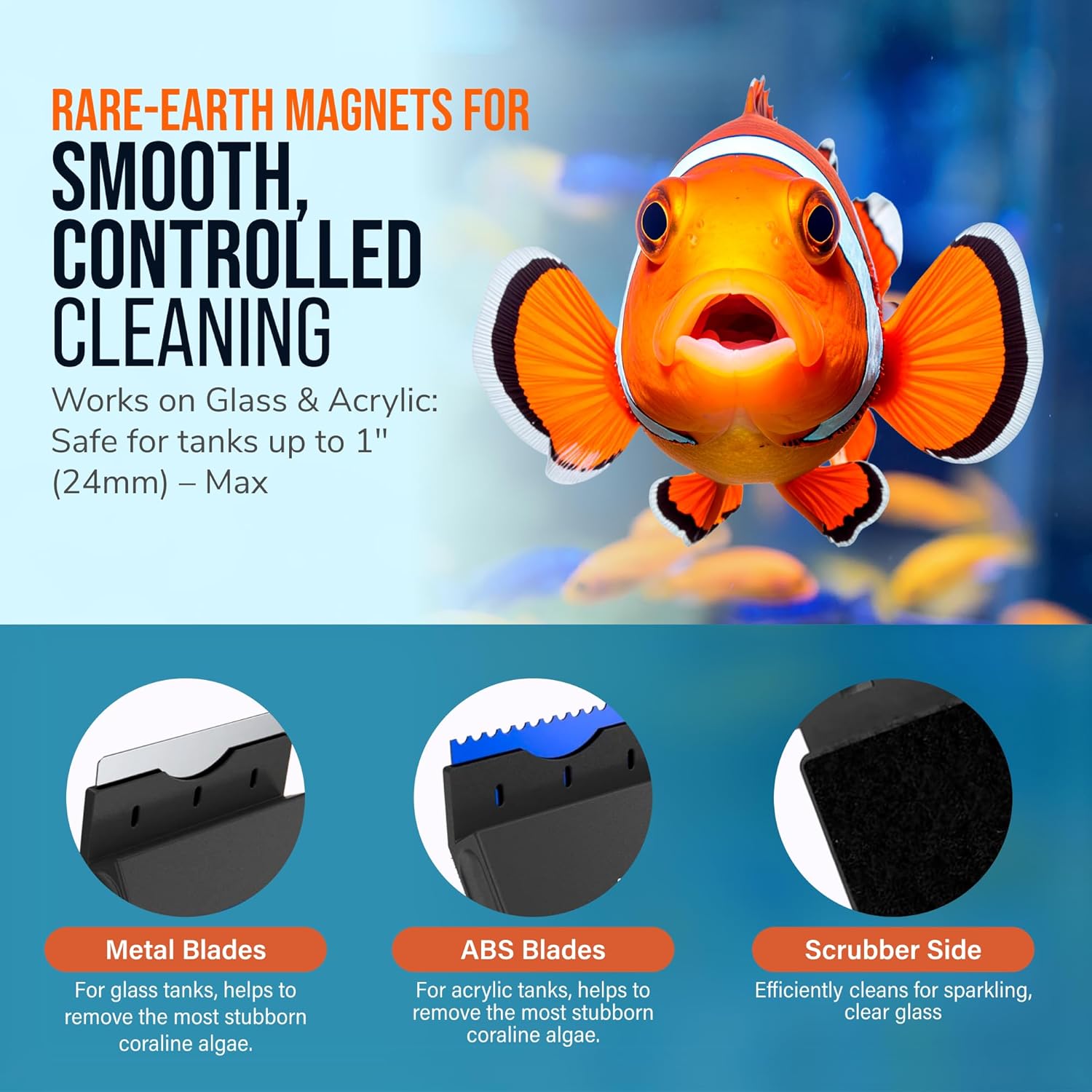 FLIPPER EDGE MAX Magnetic 2-in-1 Aquarium Cleaner for Glass and Acrylic Tanks up to 1 Inch (24mm) Thick – Dual Blade Design with Floating Algae Scraper and Cleaning Tool – LTD Clownfish
