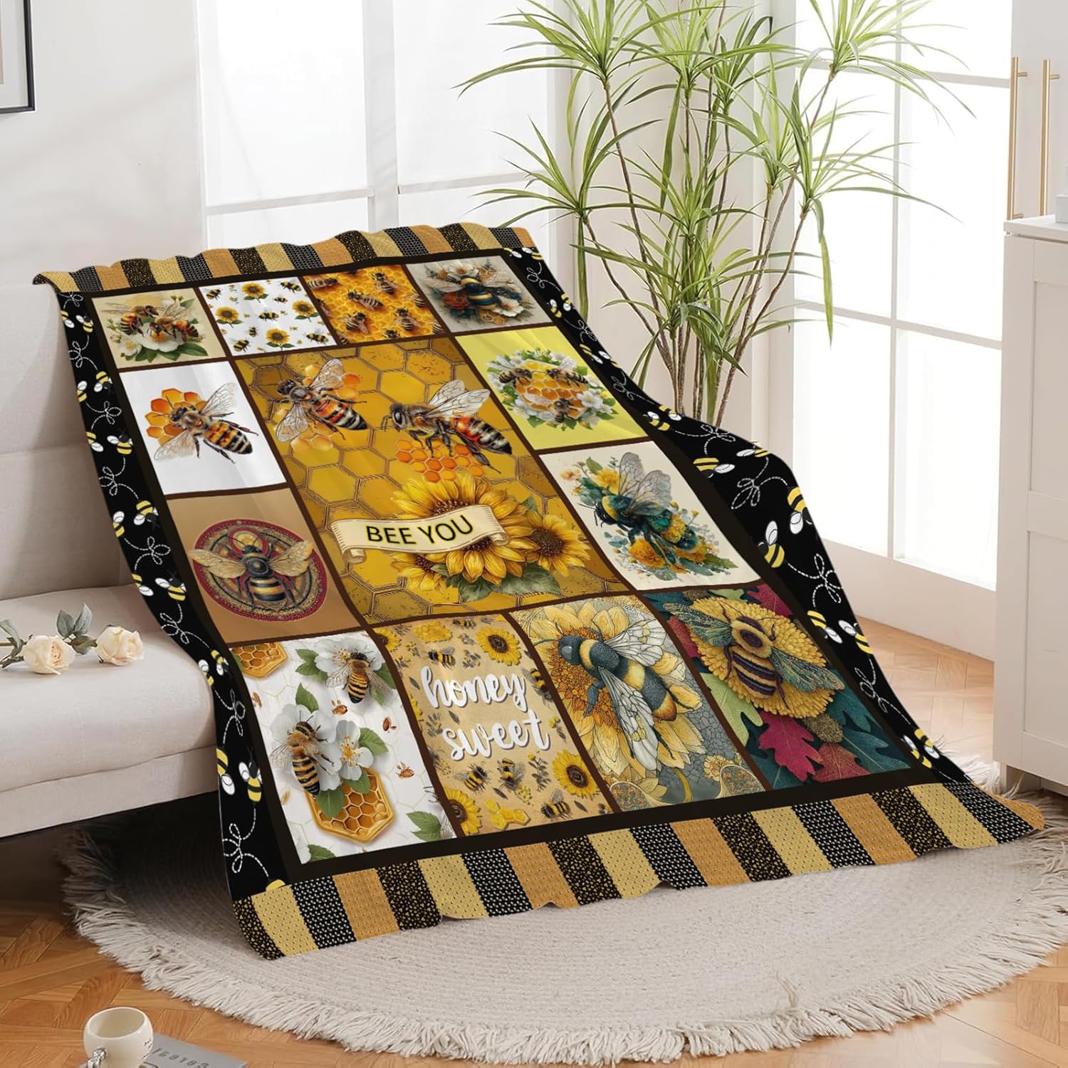 Bee Throw Blanket Bee Stuff Gifts for Kids Girls Boys Adults Women Men Soft Cozy Warm Plush Fluffy Fuzzy Fleece Blanket Decor 50''X60''