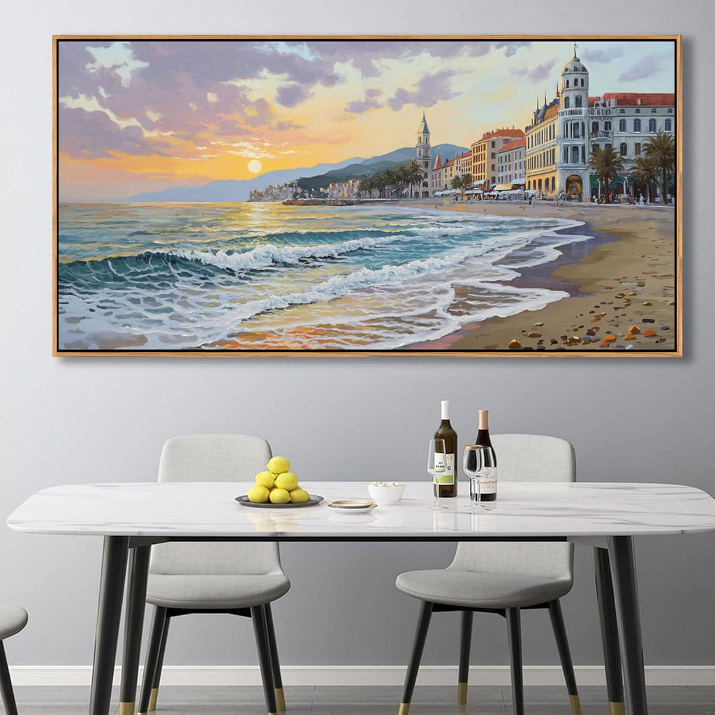 YDYSUNE Beach Wall Decor Framed Large Canvas Coastal Wall Art for Living Room Picture Village Seaside Painting Sunset Coast Artwork for Bedroom, Dining,Office Decoration Size 29x58 Inches