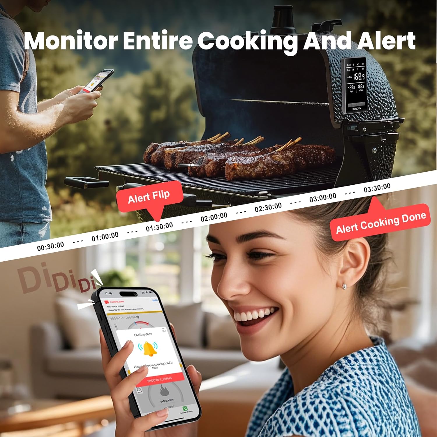 Smart WiFi Wireless Meat Thermometer Unlimited Range 7 NIST Cert.Sensors Accuracy ±0.5°F Sub-1G (10X Stronger Than Bluetooth) APP&Digital Base,Monitor for BBQ, Grill,Oven, Smoker(1, Black, Small)