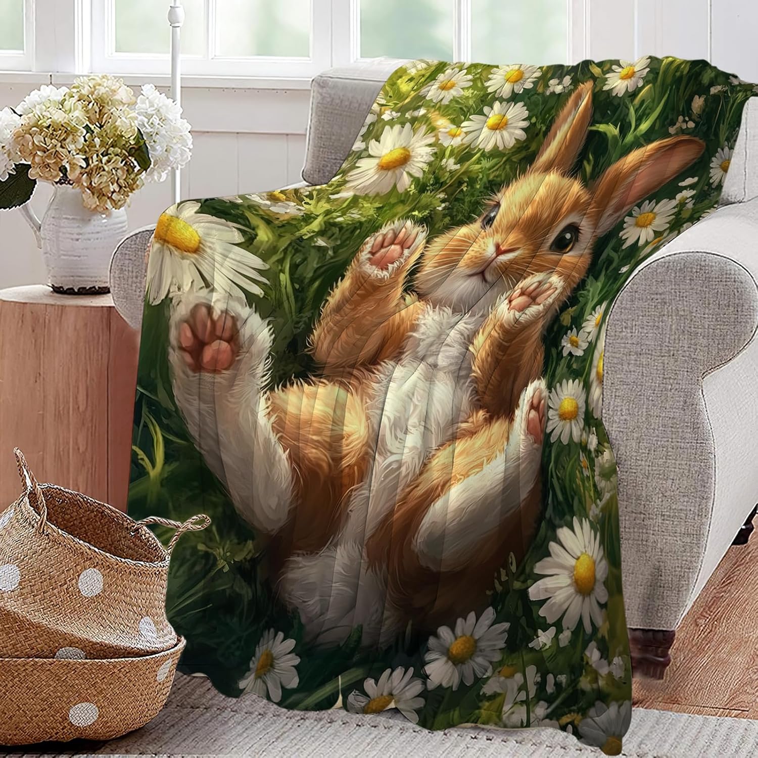 Cute Rabbit Blanket Bunny Hare Throw Blankets Daisy Gifts for Girls Boys Kids Rabbit Lover Soft Cozy Fleece Plush for Couch Sofa Bed 50"x40"