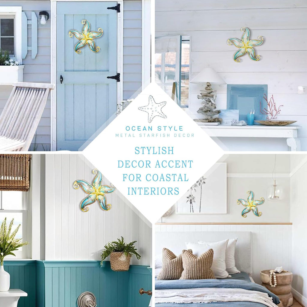 Metal Starfish Wall Decor, Sea Life Coastal Decorations 12 inch Starfish Wall Art, Nautical Home Decoration Handing Ocean Beach Wall Art for Garden,Fence,Home,Patio,Kitchen,Bathroom,(Blue)
