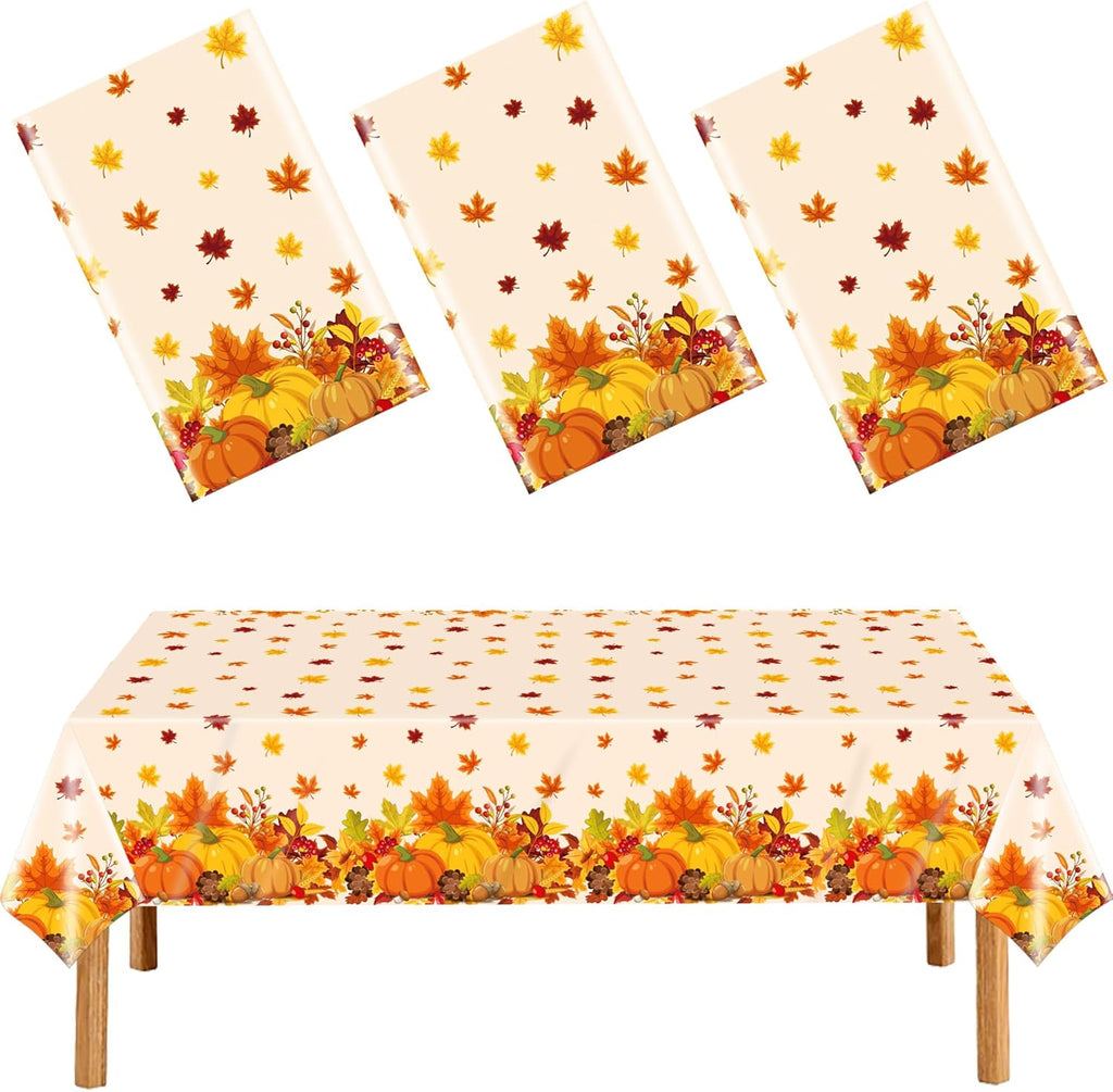 Fall Disposable Tablecloth Autumn Theme Plastic Table Cover Pumpkin Maple Leaves Tablecloths for Thanksgiving Harvest Party Decoration Supplies Favors 3 Pieces 54 x 108 Inch