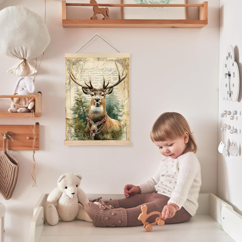 FDHSPAAM Christmas Reindeer Wall Art Decor, Retro Christmas Decor, Vintage Rustic Deer Pine Botanical Winter Holiday Wall Art Posters for Home Bedroom Living Room, 12x16 Inch