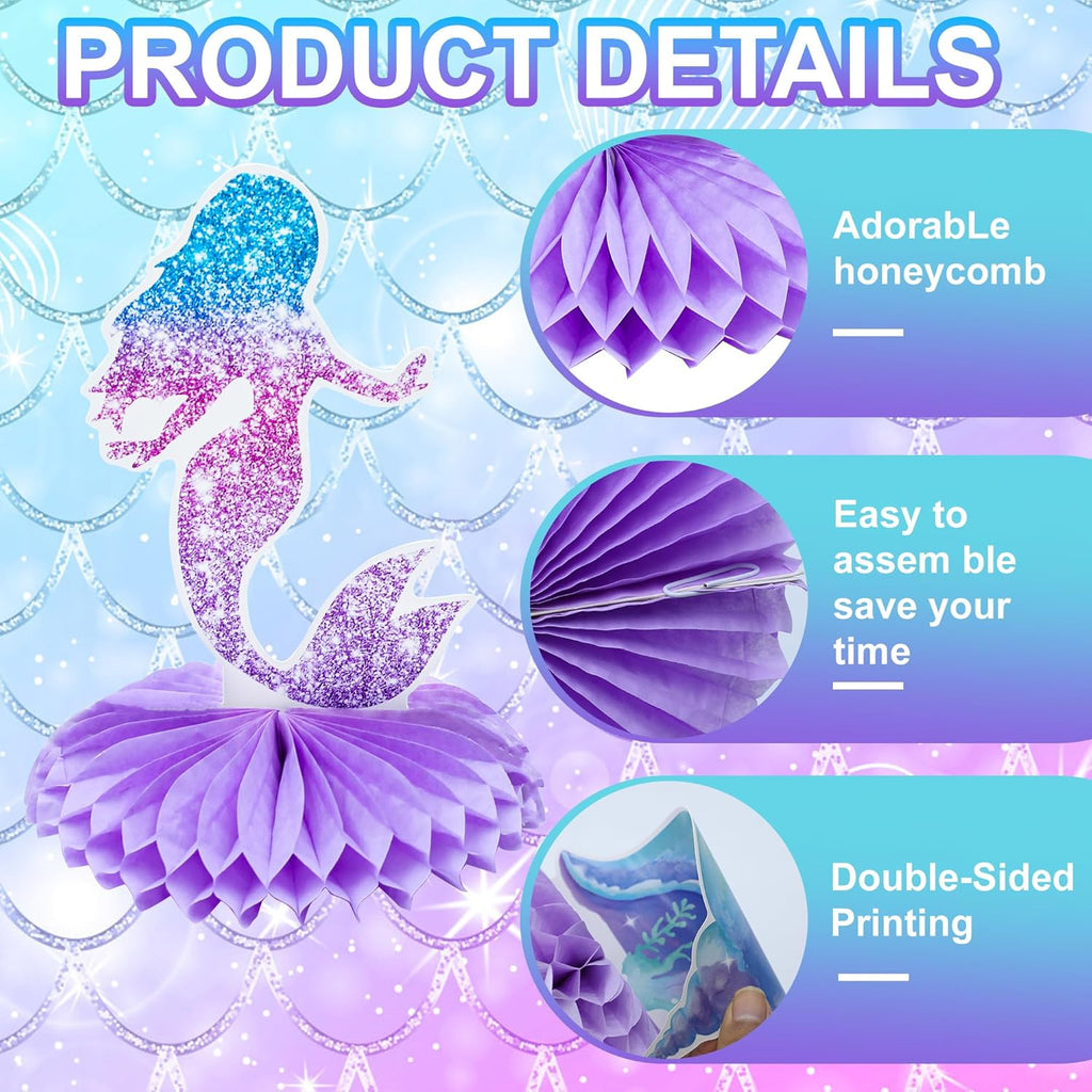 9 PCS Mermaid Honeycomb Centerpieces for Table, Mermaid Birthday Decorations Under The Sea Table Decor Ocean Theme Honeycomb Ornaments for Girl Baby Shower Birthday Party DIY Supplies