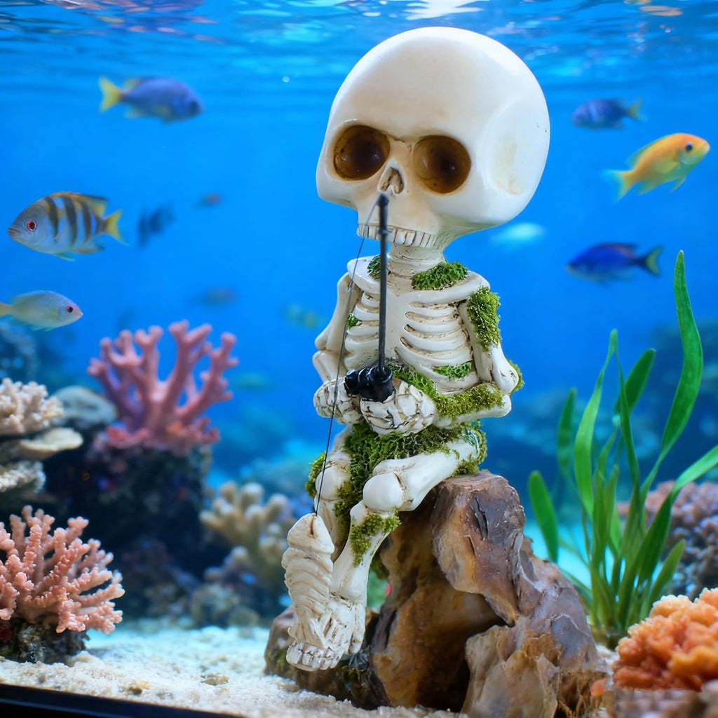 Cute Funny Skeleton Fishing Figurine,Halloween Christmas Decor, Versatile Skull Accessory for Fish Tank, Garden Pond, Desk & Bookshelf