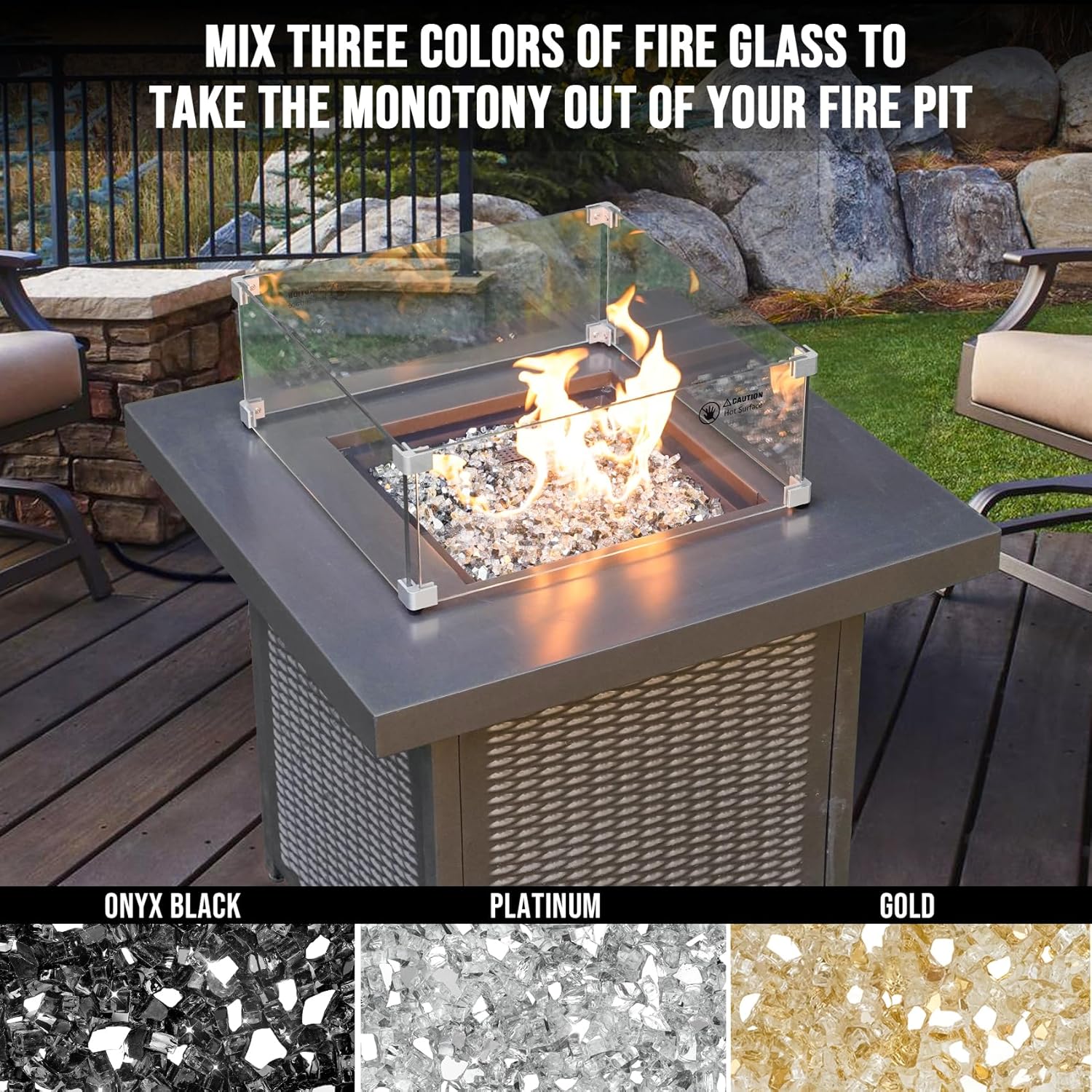 Skyflame 10-Pound Blended Fire Glass for Fire Pit Fireplace Landscaping - 1/4 Inch Reflective Tempered Fireglass Onyx Black, Platinum, Gold