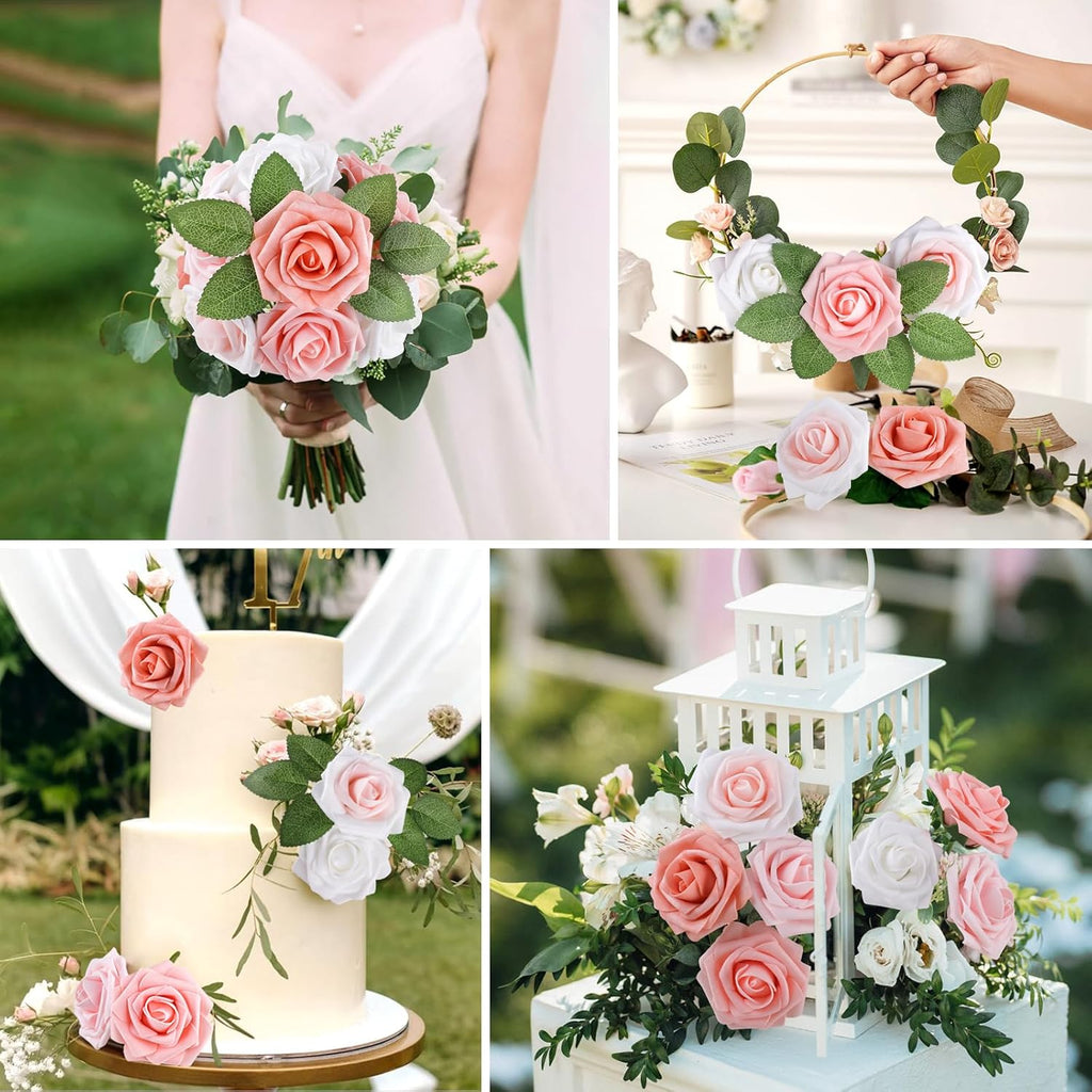 AmyHomie 25pcs Real Looking Artificial Shades of Blush Roses w/Stem for DIY Wedding Bouquets Centerpieces Arrangements Party Baby Shower Valentines Day Christmas Tree Decorations