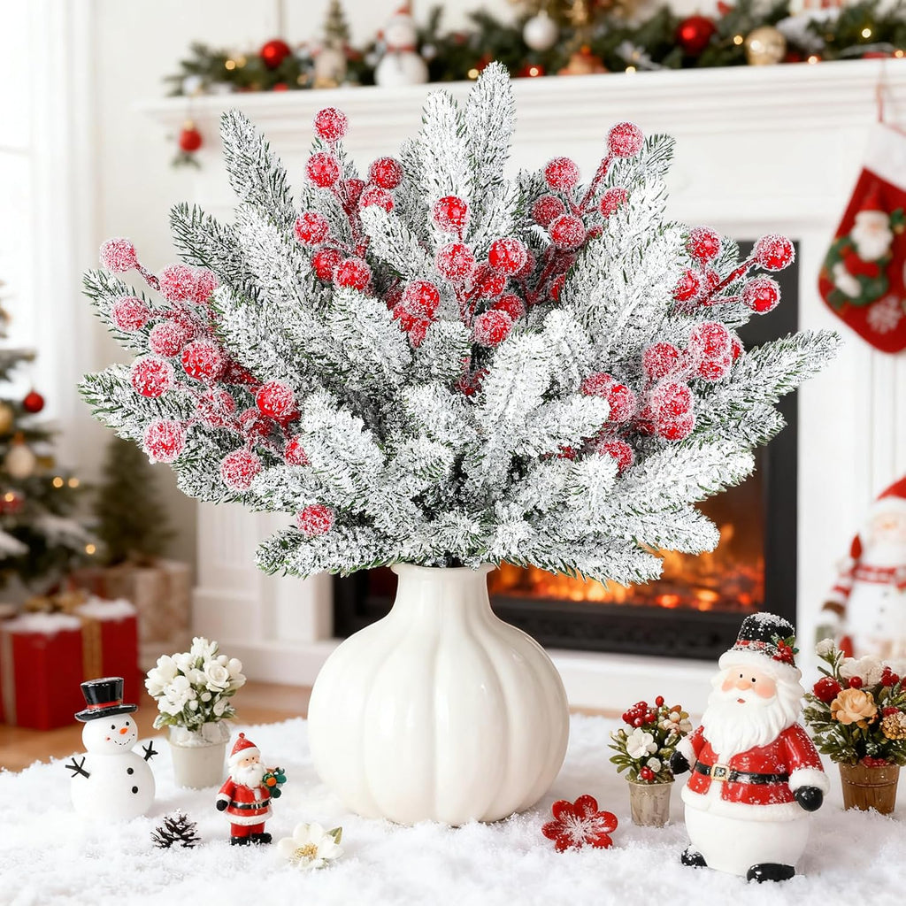 YIYA 30PCS Artificial Christmas Snow Frosted Berries Christmas Snowy Pine Needles Artificial Christmas Flowers for Home Decor Winter Wedding Decor Holiday DIY Crafts