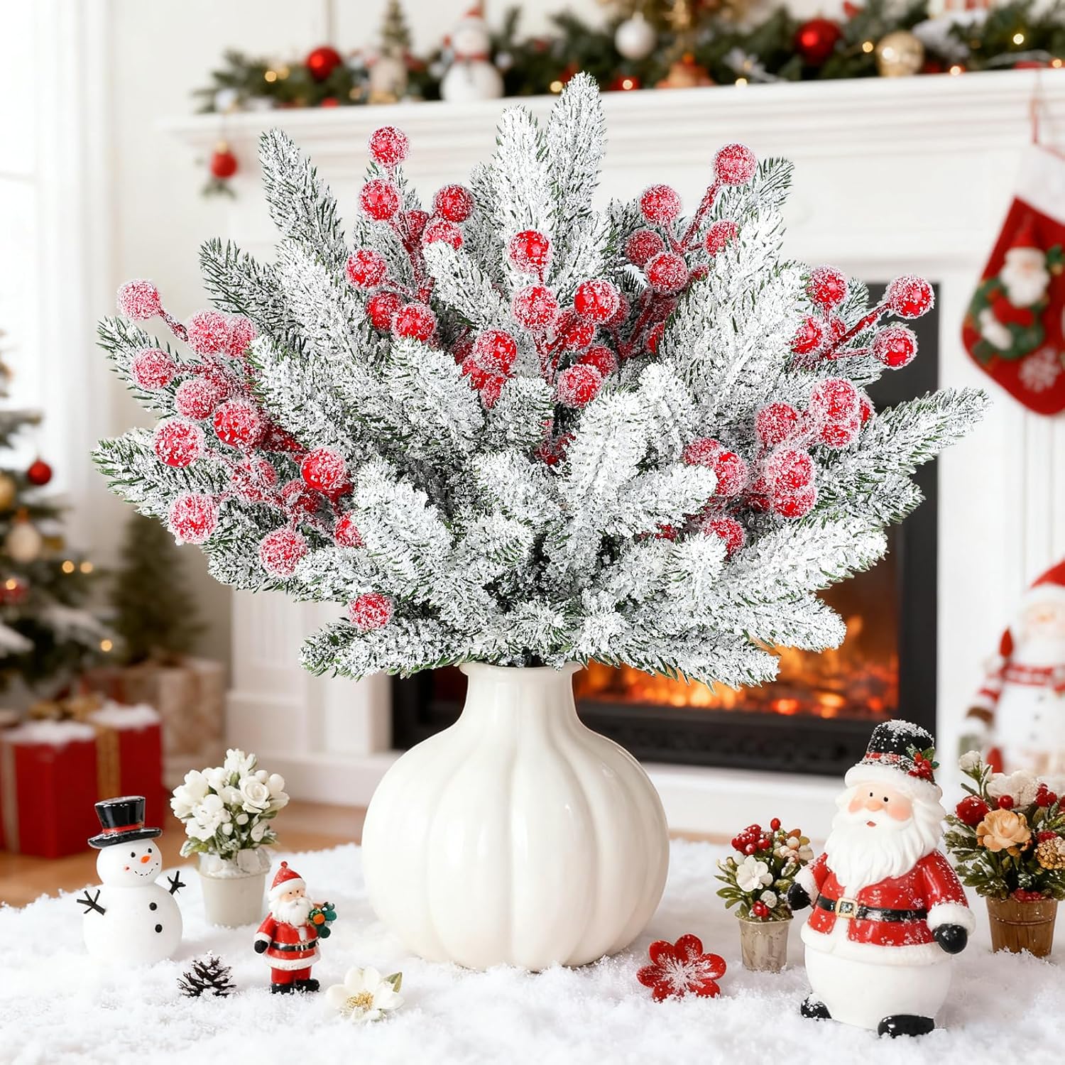 YIYA 30PCS Artificial Christmas Snow Frosted Berries Christmas Snowy Pine Needles Artificial Christmas Flowers for Home Decor Winter Wedding Decor Holiday DIY Crafts
